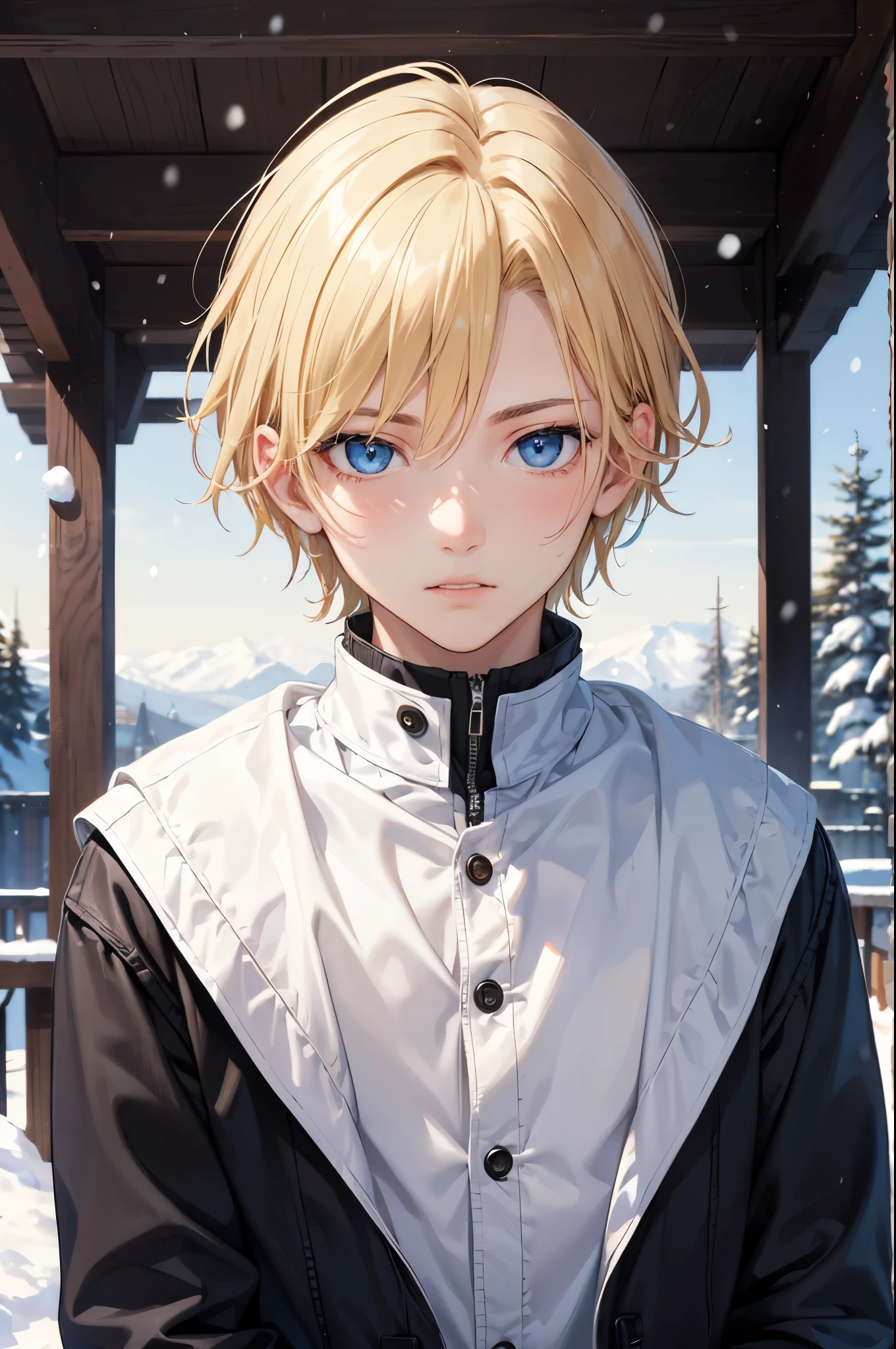 Portrait of a beautiful European boy,alone,16 years,Beautiful Face, blonde, Sharp focus,snow day,boy,from the front,Upper Body,blue eyes,