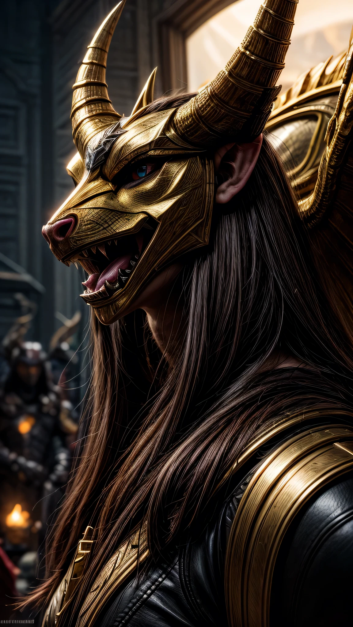 movie lighting, Horned golden-headed creature, Portrait of Dragon Knight, Mysterious Anubis Valkyrie, Super detailed fantasy characters, Robot dragon portrait, Sleipnir's photo, ghost of anubis, 4K detailed fantasy artwork, Polaroid Trend, zbrush contest winner, Created using zbrush, zbrush central tournament, warrior on horseback, (Covered in blood from head to toe)., v-shaped eyebrows, chiaroscuro, sparkle, diffraction spikes, overexposure, UHD, masterpiece, ccurate, anatomically correct, super detail, high details, award winning, best quality, highres, high quality