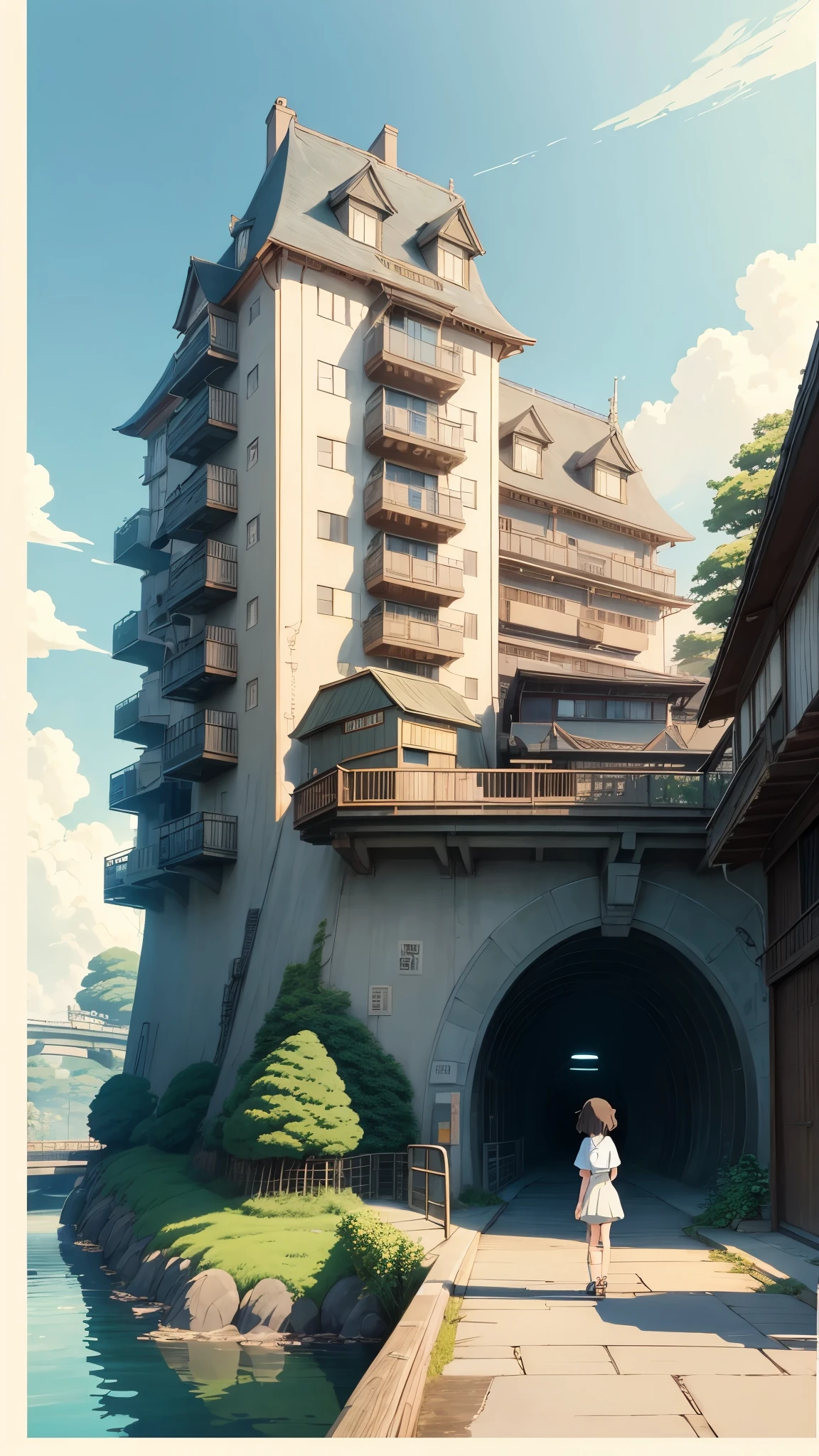anime scene of a girl standing on a bridge in front of a tall building, ghibli spirited away vibe, spirited away, studio ghibli scheme, in the studio ghibli anime film, studio ghibli artstyle, style of studio ghibli, studio ghibli anime, from the studio ghibli film, studio ghibli sky, stuido ghibli, ghibli studio anime style, studio ghibli painterly style