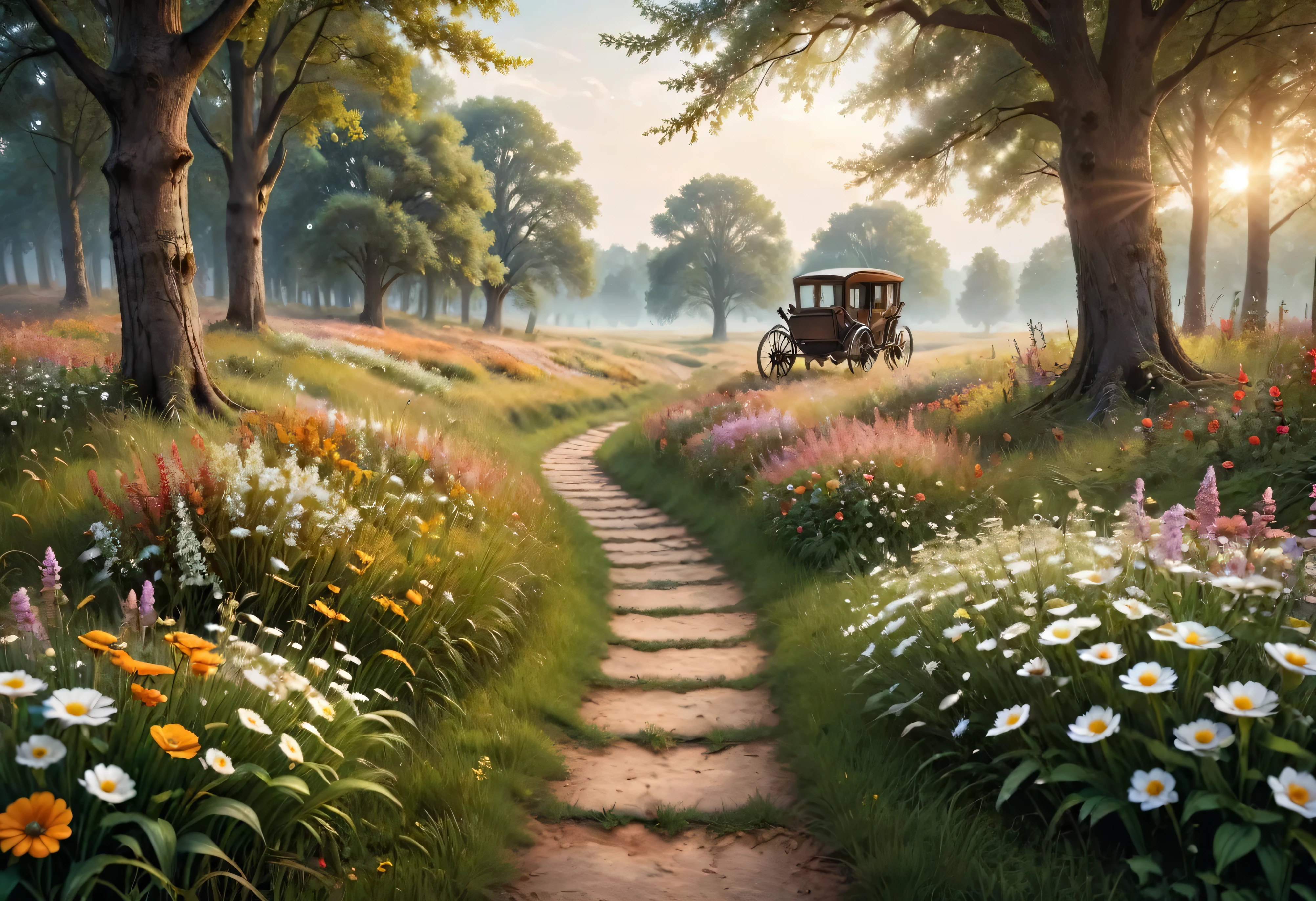 (masterpiece:2),(realistic photography:2), (realism of flowers and trees:2), (all shots clearly focused:2),(photography with beautiful details:2), large open field of grass and some small white flowers, in the middle distance there is a beautiful antique carriage in gold and copper in the middle of a forest, (the carriage is similar to a round pumpkin), (illustration based on the story of Cinderella), beautiful details on the float, soft light, diffuse light, studio light, no direct sunlight, no strong shadows, no glare, no reflections, there is a lot of grass in the foreground of the image, beautiful flowers frame a path that goes into the distance.