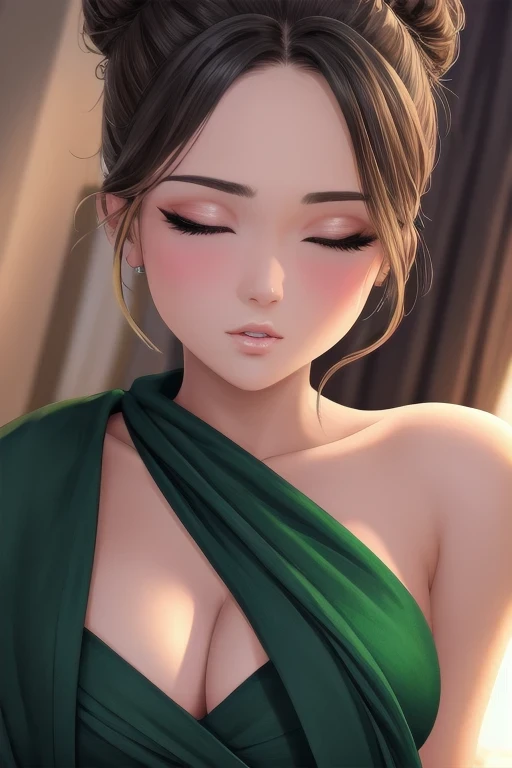 (best quality, 4k, highres, masterpiece:1.2), ultra-detailed, realistic:1.37, portraits, vivid colors, sharp focus, studio lighting, physically-based rendering, extreme detail description, sexy woman, beautiful detailed eyes, beautiful detailed lips, messy bun, amazing makeup, intense blush, flustered, lustful expression, black blouse, sheer dark green saree, hot