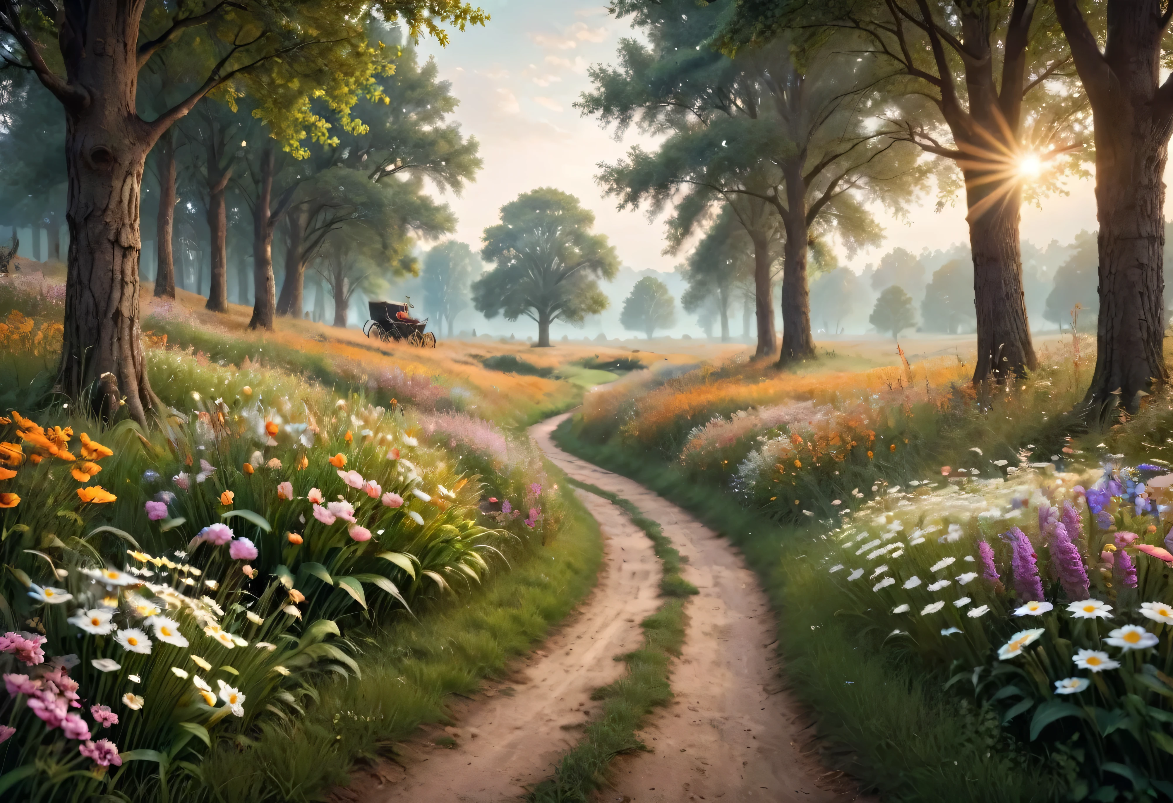 (masterpiece:2),(realistic photography:2), (realism of flowers and trees:2), (all shots clearly focused:2),(photography with beautiful details:2), large open field of grass and some small white flowers, in the middle distance there is a beautiful antique carriage in gold and copper in the middle of a forest, (the carriage is similar to a round pumpkin), (illustration based on the story of Cinderella), beautiful details on the float, soft light, diffuse light, studio light, no direct sunlight, no strong shadows, no glare, no reflections, there is a lot of grass in the foreground of the image, beautiful flowers frame a path that goes into the distance.