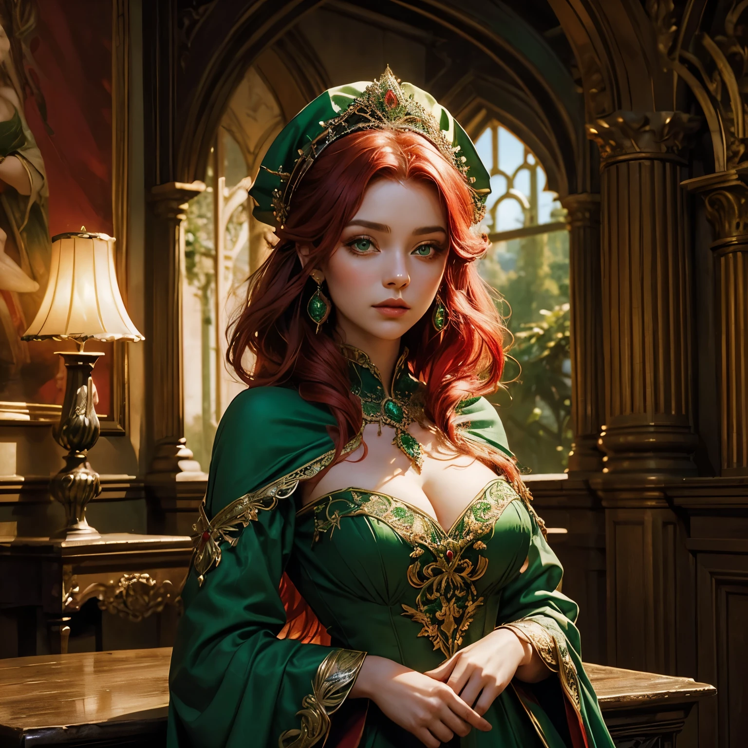 mejor calidad (High Quality): This depiction captures the exquisite beauty of a fantasy medieval woman, dressed in a stunning green gown with rich red accents. She gracefully holds a vibrant red rose against the picturesque backdrop of a lush, enchanting forest. Her long, fiery red hair cascades down her shoulders, framing her emerald-green eyes – eyes that seem to hold a magical allure.

obra maestra (Masterpiece): This masterful illustration presents a captivating portrait of a high-quality female character during the medieval era. Dressed in a detailed green and red gown with a high slit design, she tenderly cradles a red