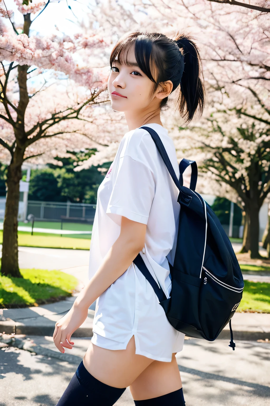 A girl walking near a bus stop with cherry blossom trees in the wind,White short-sleeved long T-shirt with navy blue neckline,Navy blue speed briefs,White High Socks,knapsack,18-year-old,bangs,A small smile,Thighs,knees,Low ponytail with barrette,Hair blowing in the wind,From below,Front light