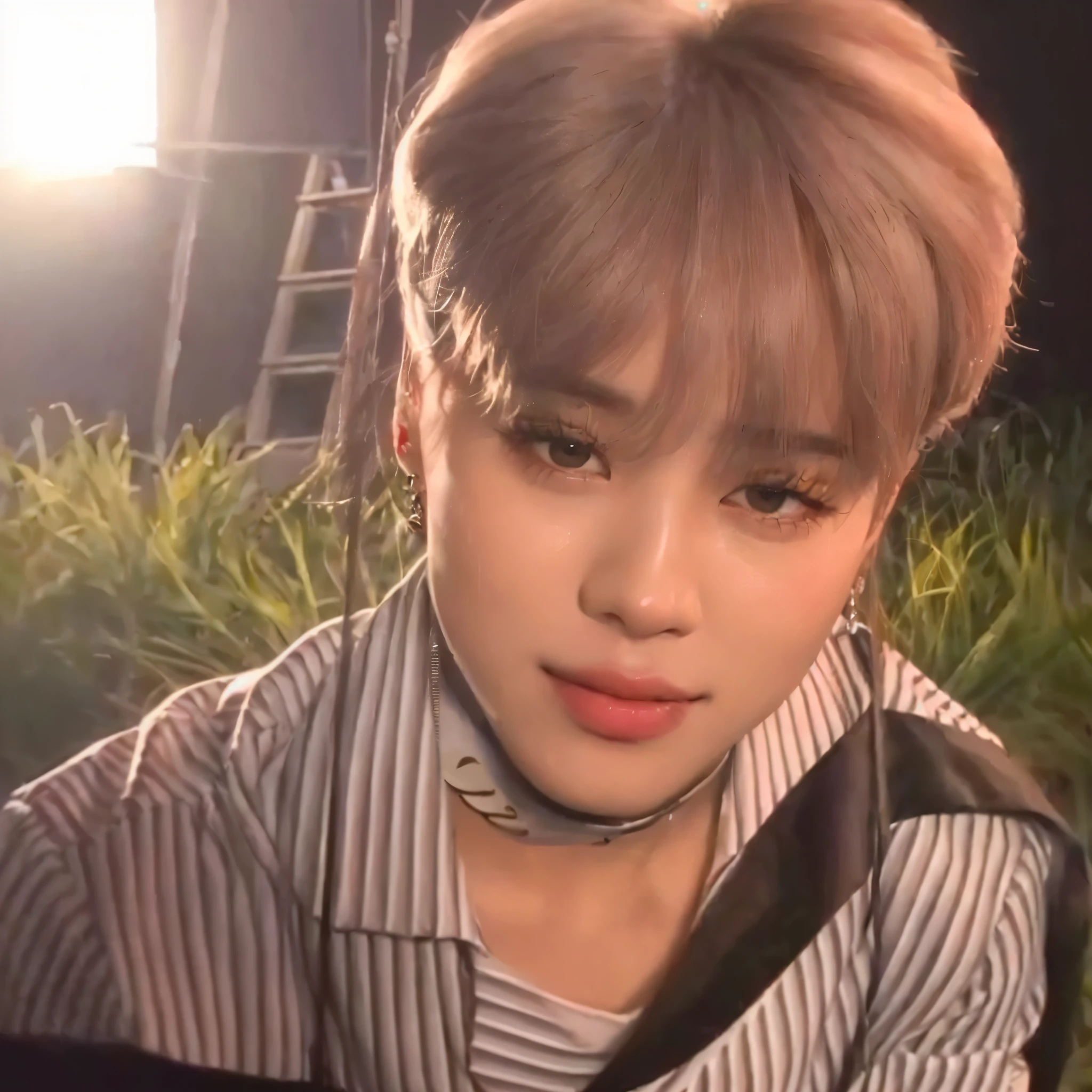 um close de uma pessoa em um campo, Jimin\the full lips, accurate Jimin face, park Jimin, Jimin, Jimin\the right eyelid is swollen, Jimin\o nariz grego, portrait of jossi do blackpink, com cabelo curto, BTS, chorando e sorrindo freneticamente, jossi do blackpink, hyung tae, Jung Jaehyun