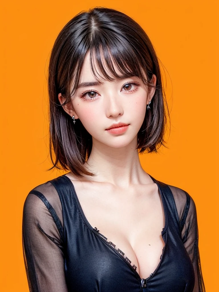 (masterpiece, highest quality, sfw:1.8),1 girl, alone, realistic, realistic, light colored black eyes, black short bob hair with highly detailed shiny hair, Winter clothes, Whity, lips, bangs, outdoor, closed mouth, Upper body、Big eyes、eyelash、((very simple orange background:1.8))、(((Short hair with bangs、Big eyes、big and full chest、avoiding eye contact 、beautiful beauty、show me your ears、long neck)))、ideal body proportions、{Huge|big|Huge|mega} chest, cleavage:2, Blushing, Shy smile, Embarrassed, Flushed cheeks, Timid expression, Coy look, Bashful, Sheepish grin