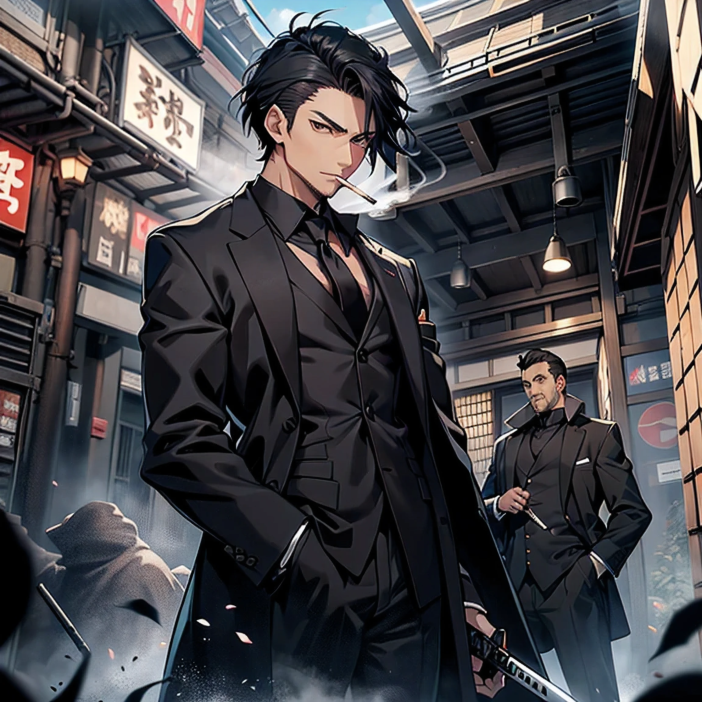 Black short-haired、Smoking cigarettes、japanes、30's man、skinny、skinny body shape、black suits、Black shirt、Black tie、Black long coat、Full body black、Japanese Katana Sword、