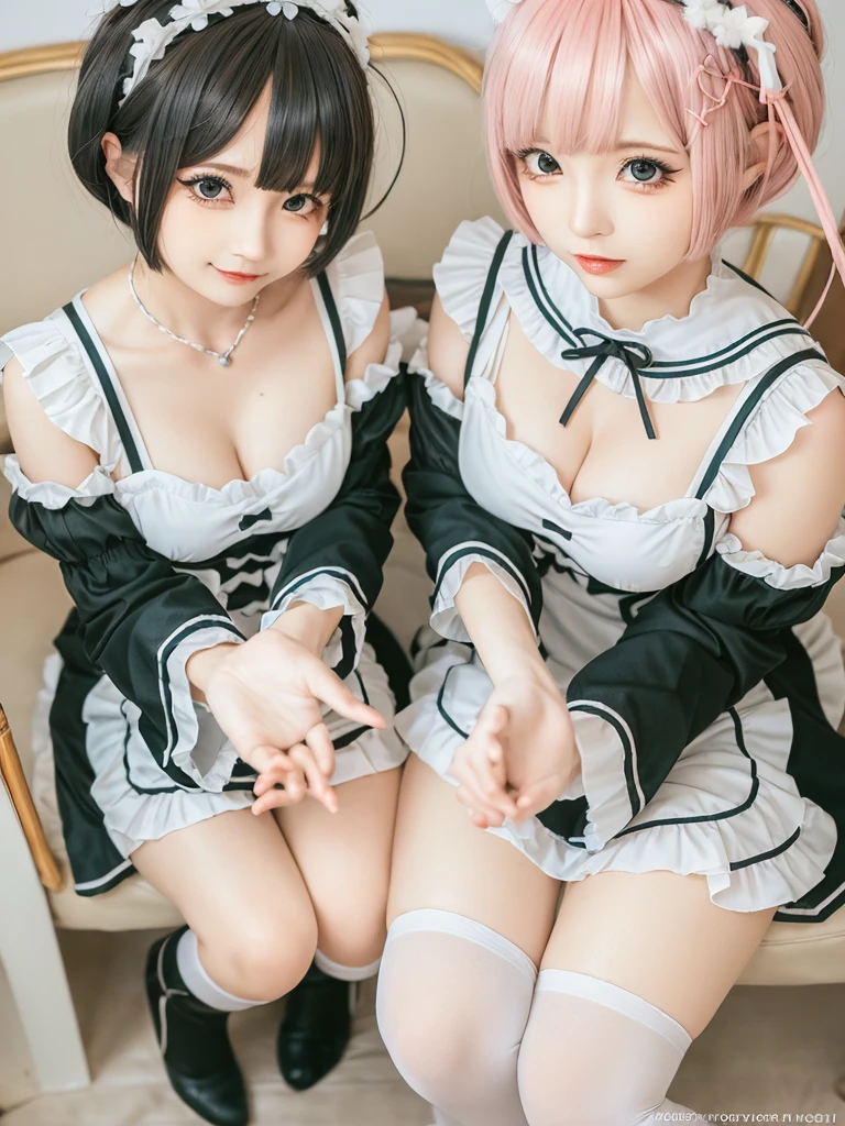 Accurate depiction with high resolution,(8K, Photorealistic, Raw photo, of the highest quality: 1.3), (1girl in), Super beautiful, (Realistic face), (boyish, pink Color Berry Shorthair), Beautiful , Glare that captivates the viewer, Beautiful expression, Beautiful , (Realistic skin), Be...Create a detailed and colorful image of Ram and Rem from Re:Zero, standing back-to-back in their maid outfits, with a magical fantasy background、14years old, two girls,cute, perfect face, beautiful, nice body, gothic lolita clothes, gothic lolita fashion, frilly skirt, headdress, necklace, bracelet, knee-high socks, boots, double eyelids, tear bags, Detailed down to the fingers, photo-like description, indoors, dim indoor lighting, one girl is pink hair and short bob, another girl is light blue hair and short bob,standing,whole body, composition that shows the whole body, smiling,The Both of them are wearing the same type of maid outfit,Even the fingers are clearly depicted