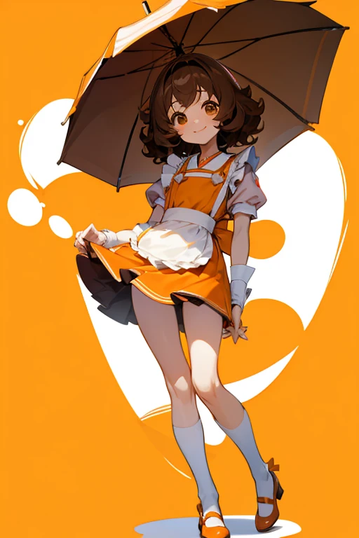 One Girl、Kogal、Short perm、Brown Hair、Clear skin、beautiful girl、Small 、Thin thighs、Skinny、Tomboy、Orange mini maid outfit、White pumps、smile
