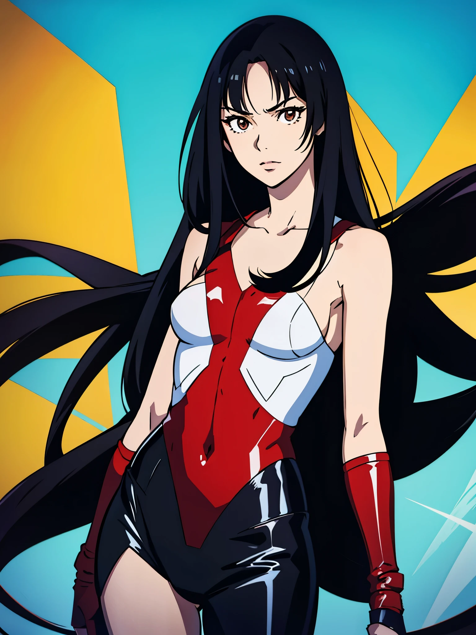 digital art drawing, illustration of (anime girl, long black hair with bangs, brown eyes, flat chest, confident look, black and red latex suit, tactical wear), anime drawing/art, bold linework, illustration, digital art, masterpiece, flat illustration, no shadows, 8k resolution, high detail, vector art, only anime, perfect eyes, perfect hands, perfect fingers, sharpness, high clarity, medium close up, high fidelity
