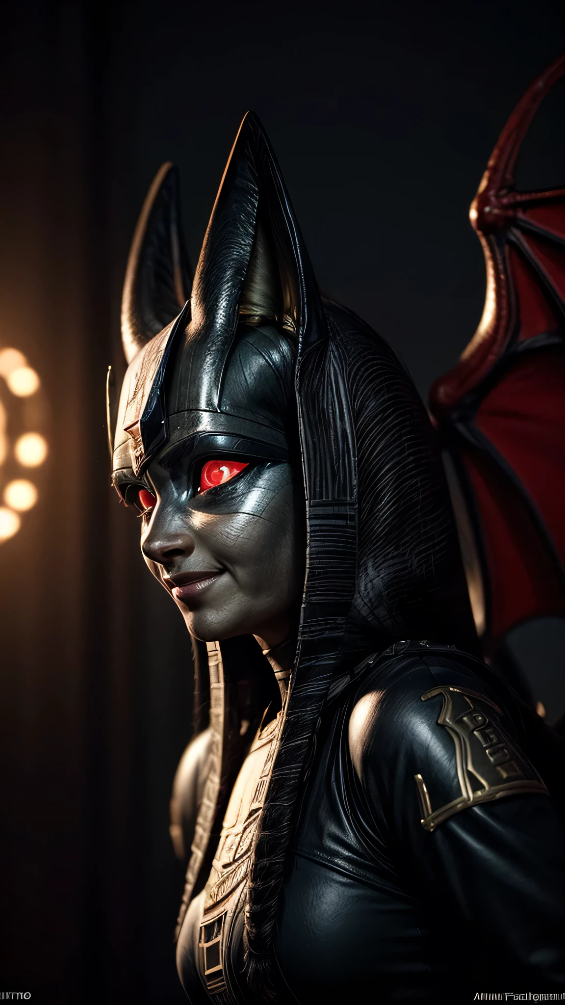 ((best quality: 1.5, masterpiece)), intricate details, soft focus, professional, real life, realistic representation of the face, dim volumetric lighting, dynamic pose, in the style of realistic and hyper detailed renderings BREAK ((overexposed, ((Anubis)), knight fantasy dragon wings, diffraction spikes, raging anger, (glowing red eyes))), film grain, bokeh, black background, dark empty room, golden hour, emerald, nose piercing, smiling, playing, photorealistic, hyper-realistic, 8K