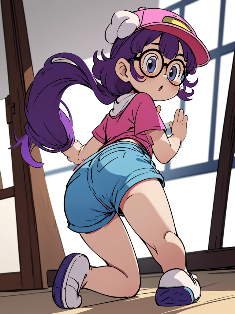norimaki Arale, Purple Hair, Round lens, Sexy Body, low length,Flat Chest,Small Ass,Thin thighs,Full body image, Perfect Face, Big eyes, Perfect Eyes, hat, Tight clothing, Denim shorts,Perfect hands, Better lighting