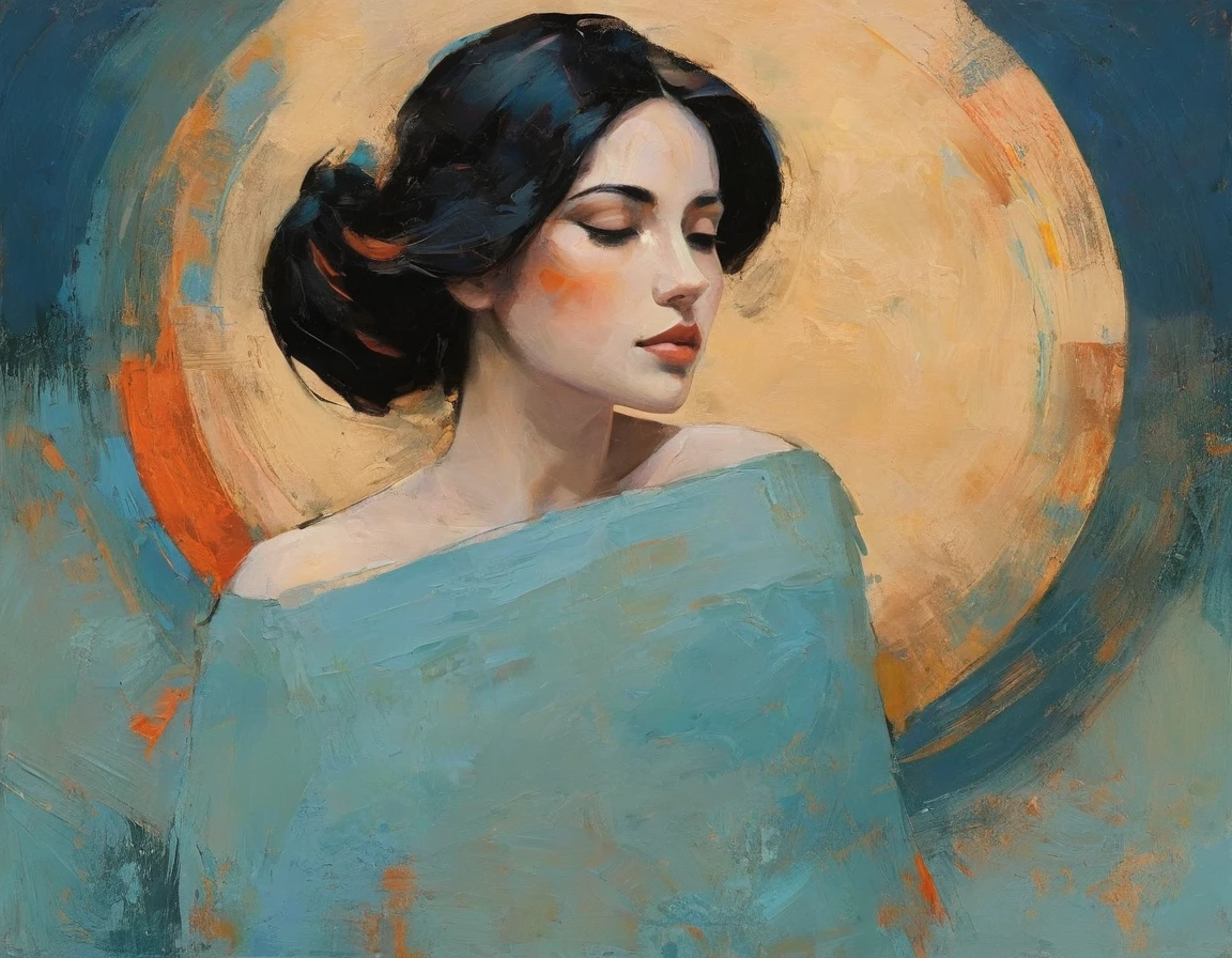 Create a serene profile portrait with the subject facing left. Use a vibrant color palette of blues, reds, and oranges. The background should be minimalistic in cool blue tones. Employ bold, visible brush strokes and the impasto technique for texture. Blend realism with abstraction, emphasizing strong contrasts and dynamic color blocking. Aim for a modern, contemplative feel.