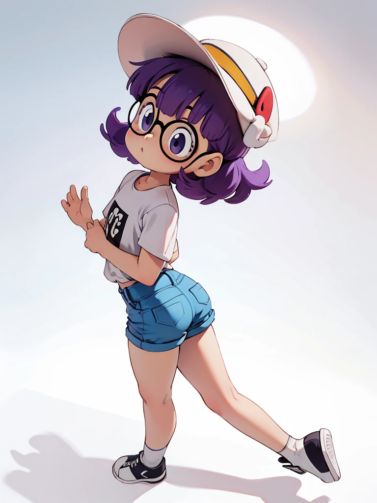 norimaki Arale, Purple Hair, Round lens, Sexy Body, low length，Flat Chest，Small Ass，Thin thighs，Full body image, Perfect Face, Big eyes, Perfect Eyes, hat, Tight clothing, Denim shorts，Perfect hands, Better lighting 