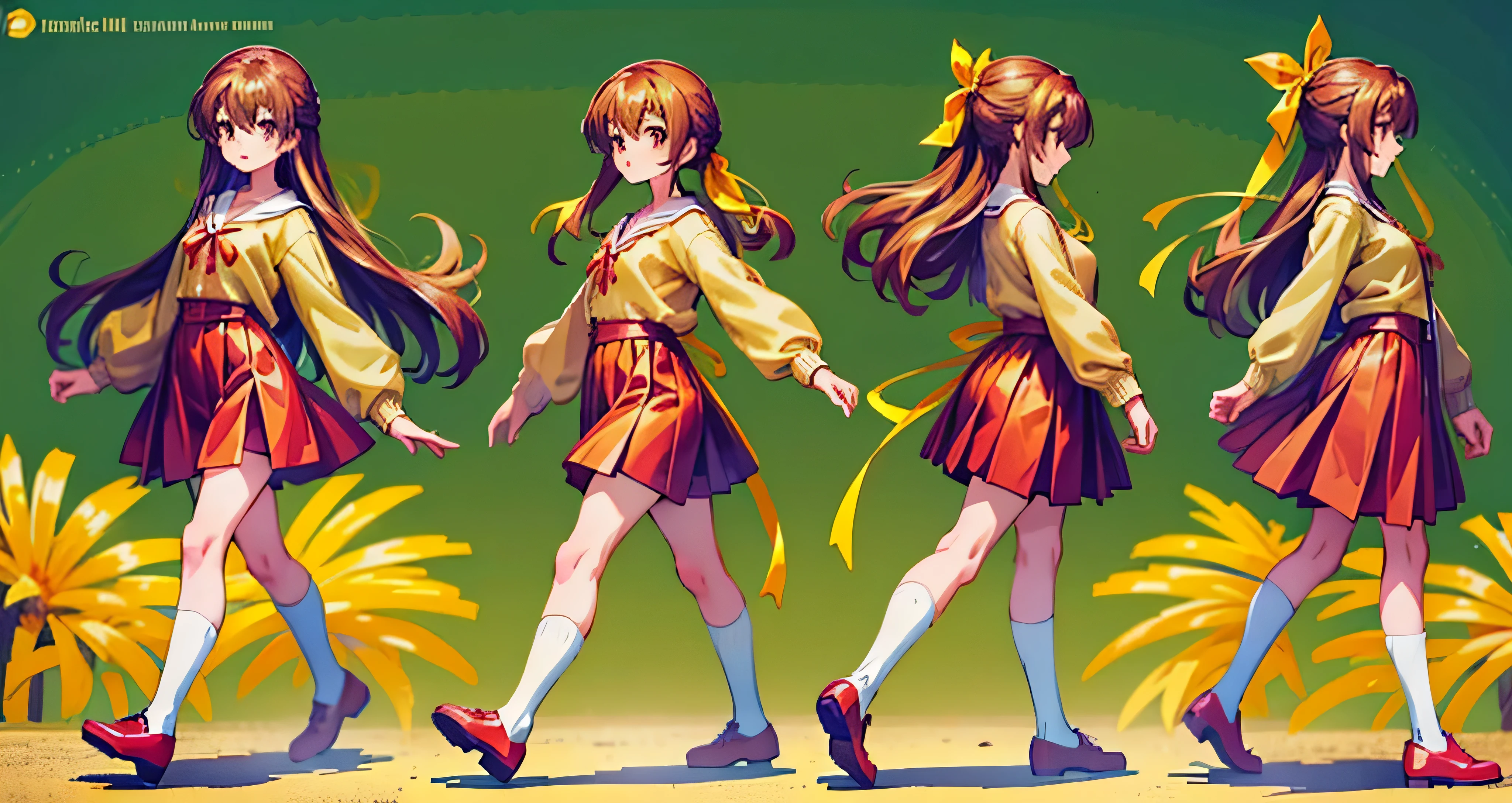 PixelArt, sprite sheet, 1girl, walking, nagamori mizuka, red eyes, long brown hair, (a yellow ribbon on hair and a red ribbon on shirt), red skirt, white socks, brown shoes, light yellow shirt, sand colored cardigan sweater