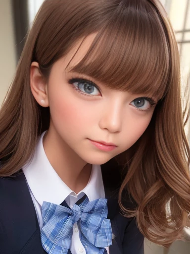(Photorealistic:1.4, 8k), highest quality, masterpiece, Ultra-high resolution, Perfect dynamic composition, Big Face、Round face、((Light brown hair:1.4、Long Hair, Curly Hair))、Highly detailed skin and facial textures:1.3, Limb details, 1 girl, Cute and sexy 22 year old Japanese , (Sunburned skin:1.2), ((Totally captivates you:0.9)), ((school uniform, White collar short sleeve shirt, Blue checked school bow tie)),Mid-chest, (avert your eyes、Beautiful Eyes, black eye, Beautiful erotic eyes:0.85), Sexy Face:0.4, (Mouth closed、Small Mouth、Thick lips、A taste of beautiful eroticism:0.85), ((Too cute beauty:0.9))、Gal Makeup、((Upper Body)), ((fix))