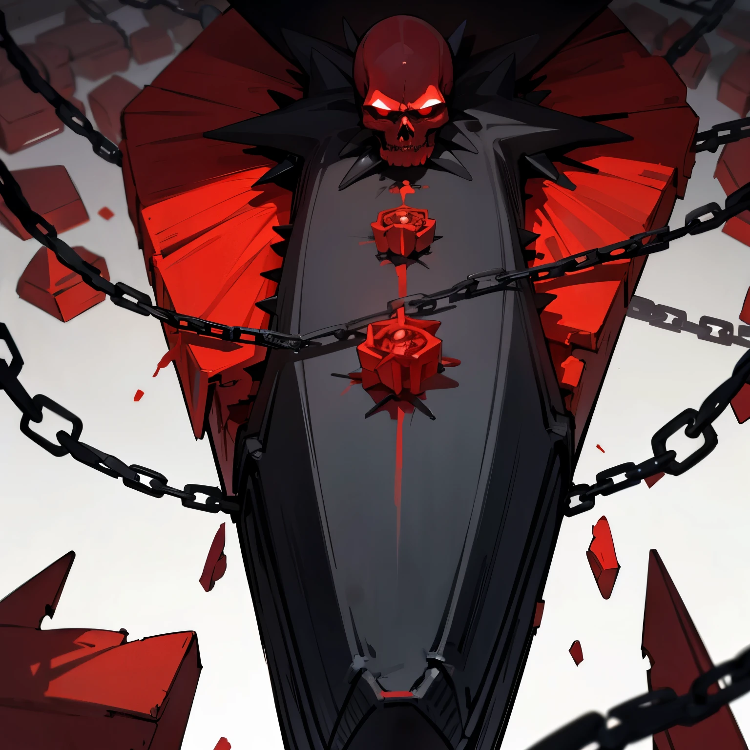 Large black and red coffin with a heavy chain handle. Spikes and red skull ((detailed)) spirit inside