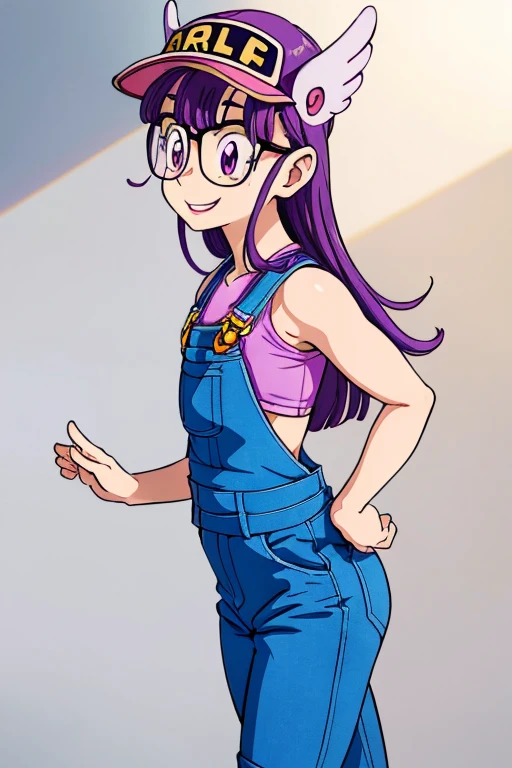 Norimaki Arale, Purple Hair, Round Lens, Sexy Body, low length,Very flat chest,Small Ass,Thin thighs,Full body image, Perfect Face, Big eyes, Perfect Eyes, Have, Tight clothing, Denim overalls,Perfect hands, Better lighting,Wing Hat, Wing Cover, With a smile, solo, front view