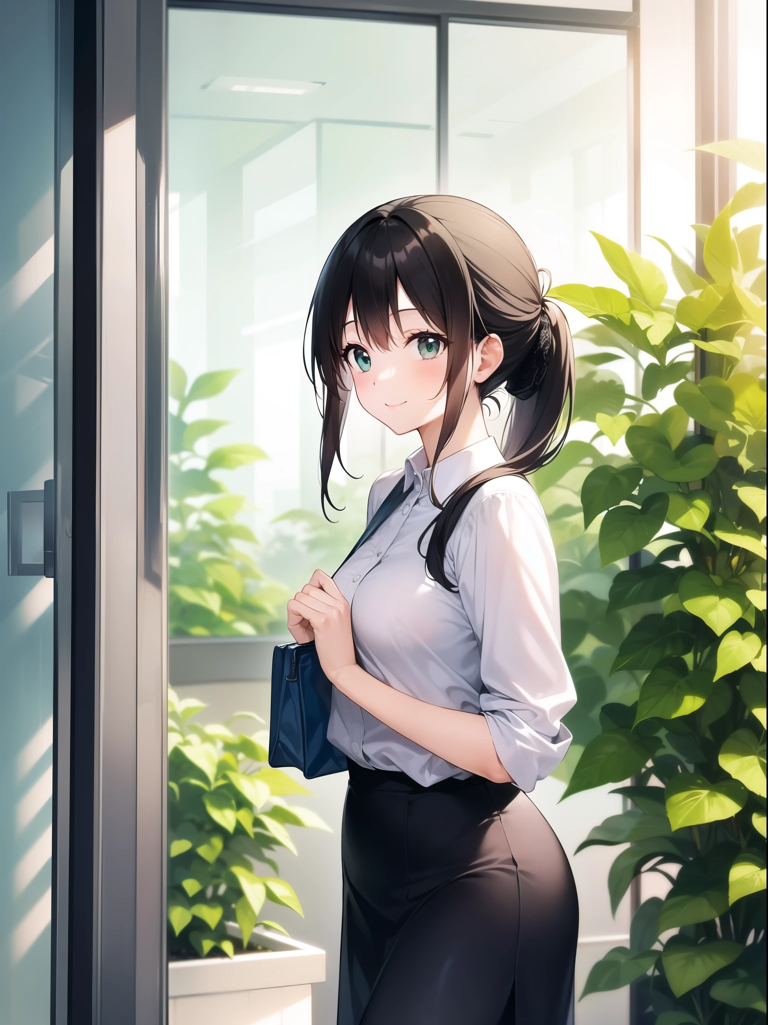 A young woman is walking in front of an office building on a sunny day。Wearing a white blouse and a black skirt、She is carrying a beige tote bag over her shoulder.。Her hair is tied up in a ponytail,、Smiling。There are green plants in the background、Light shines through the glass wall。