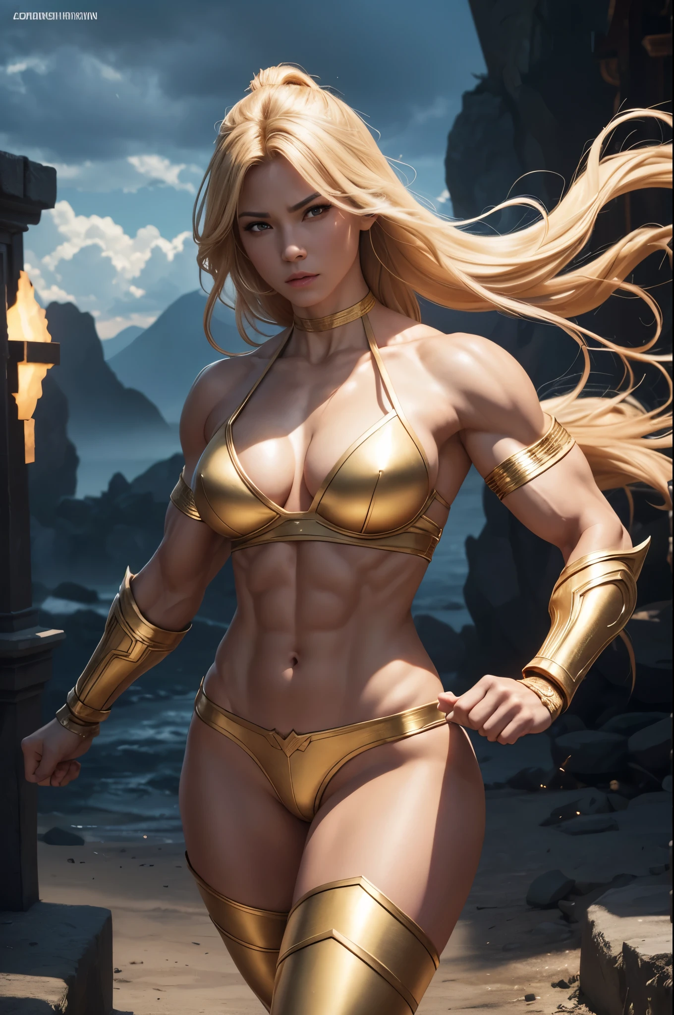 8K,Muscular々Goddess of Destruction,Super Beauty(Like the real thing),bulging muscles,Golden Eyes,Golden shorthair,Gorgeous goddess outfit,Gorgeous Goddess Shorts,Stern expression,Outside the Celestial Palace,Perfect Anatomy,charm,Volume measurement,Body balance,Digital single-lens reflex camera, Soft lighting, Detailed Background, Written boundary depth, Volumetric lighting, Sharp focus, Absurd, Realistic proportions, Excellent anatomy, (Realistic, 超Realistic:1.4), 16K HDR, dawn,A High Resolution,super Realistic 肌,Super beautiful expression,Fantasy art,Character Art,Wind effects:1.9、Cloud Effect:1.2、Full Rendering、Professional quality high resolution、Perfect contrast、Perfect lighting、Perfect composition、Perfect Skin、Perfect Fingers、Perfect breasts、Perfect Hair、Perfect Face、Realistic facial features,super highest quality,Slim figure,Perfect body line,Perfect hand shape,Anatomical body balance,Highly detailed face,Highly detailed eyes,Beautiful Lips,Excellent light particles,Cinema Lighting,Makeup,Ultra-high resolution,Ultra-Realistic Skin,God of Destruction Gauntlet,God of Destruction Leggings,Muscle Body,Hard and strong abs,Golden shorthair,Battle Mode,Ready to fight,Hard Fist,anger,rage,