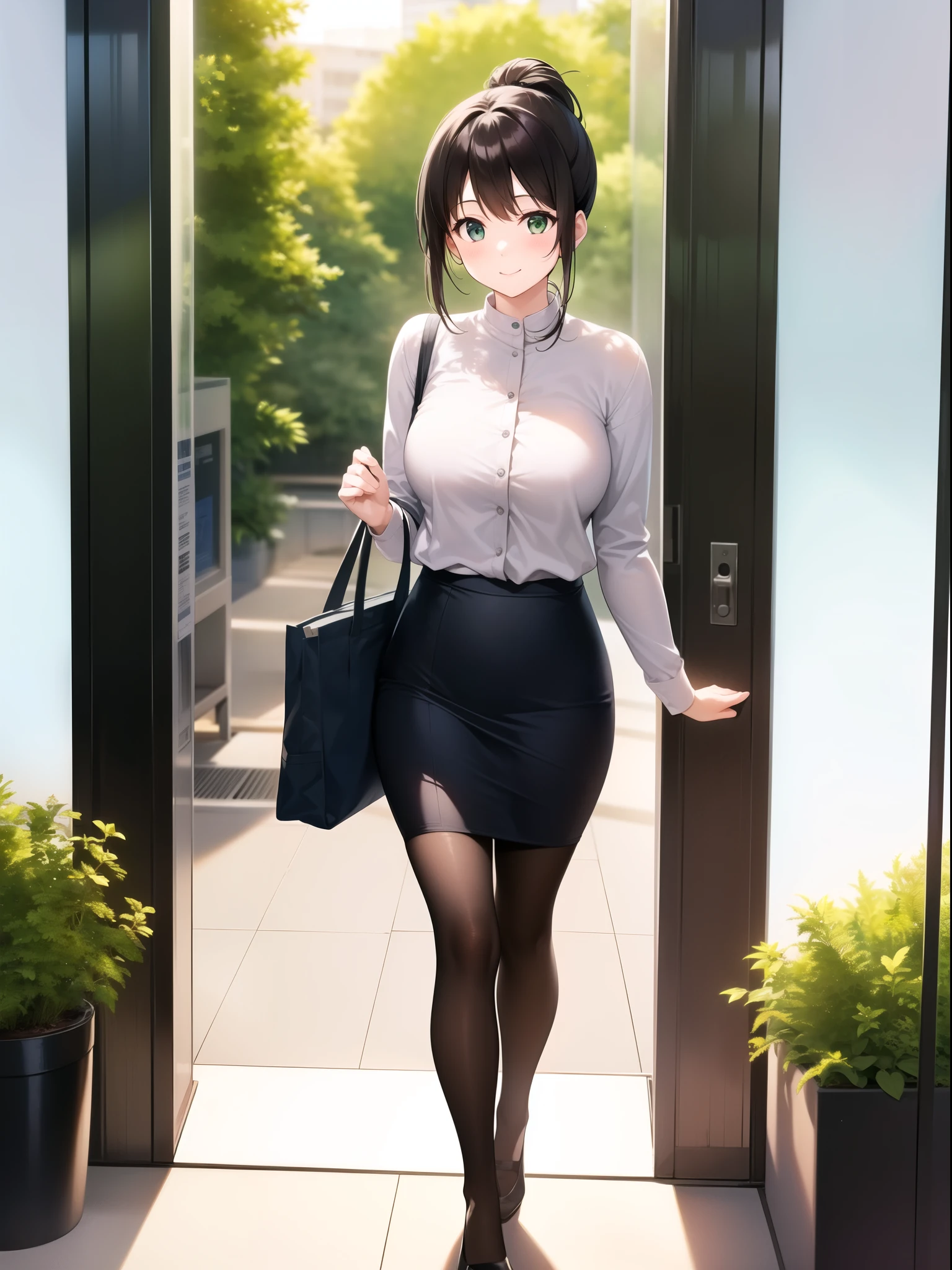 A young woman is walking in front of an office building on a sunny day。Wearing a white blouse and a black skirt、She is carrying a beige tote bag over her shoulder.。Her hair is in a ponytail,、Smiling。There are green plants in the background、Light shines through the glass wall。