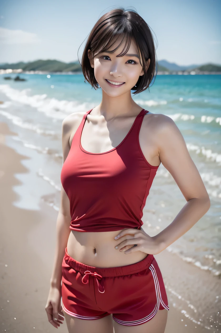 The beauty of 8K raw photos:2.0, Japanese woman, short hair, beautiful face and dark eyes, looking down, looking at the viewer:1.5, big smile, wet hair, tiny top, put hands on the hip, (tank top, red shorts:1.2), shinny skin, realistic:1.9, very detailed, full body shot:1.2, High resolution RAW color photos, professional photos, Taken at the beach, girl sexy portrait