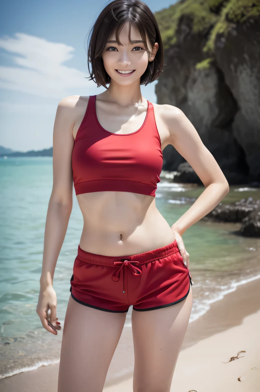 The beauty of 8K raw photos:2.0, Japanese woman, short hair, beautiful face and dark eyes, looking down, looking at the viewer:1.5, big smile, wet hair, tiny top, put hands on the hip, (tank top, red shorts:1.2), shinny skin, realistic:1.9, very detailed, full body shot:1.2, High resolution RAW color photos, professional photos, Taken at the beach, girl sexy portrait