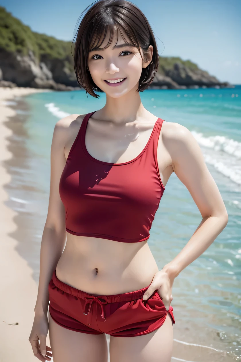 The beauty of 8K raw photos:2.0, Japanese woman, short hair, beautiful face and dark eyes, looking down, looking at the viewer:1.5, big smile, wet hair, tiny top, put hands on the hip, (tank top, red shorts:1.2), shinny skin, realistic:1.9, very detailed, full body shot:1.2, High resolution RAW color photos, professional photos, Taken at the beach, girl sexy portrait