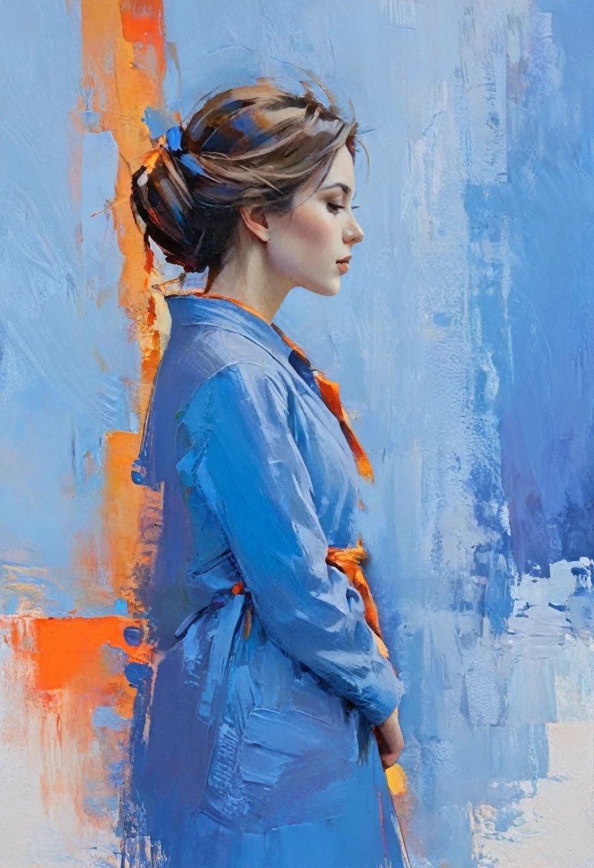 Create a serene profile portrait with the subject facing left. Use a vibrant color palette of blues, reds, and oranges. The background should be minimalistic in cool blue tones. Employ bold, visible brush strokes and the impasto technique for texture. Blend realism with abstraction, emphasizing strong contrasts and dynamic color blocking. Aim for a modern, contemplative feel. Apply the paint to the canvas with a firm, decisive motion, allowing it to sit thickly on the surface. Vary the direction and length of your strokes to create an interesting, varied texture.