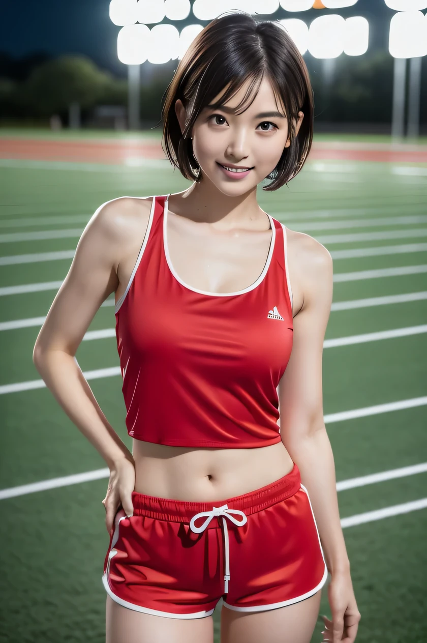 The beauty of 8K raw photos:2.0, Japanese woman, short hair, beautiful face and dark eyes, looking down, looking at the viewer:1.5, big smile, wet hair, tiny top, put hands on the hip, (tank top, red shorts:1.2), shinny skin, realistic:1.9, very detailed, full body shot:1.2, High resolution RAW color photos, professional photos, Taken at the track field at night, girl sexy portrait