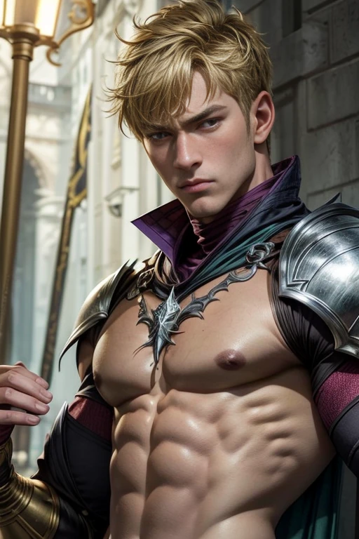 8K、Alafed Homens、Exterior branco e roxo,Golden decoration、Armamento de espada grande、Super lindo、Corte romano vermelho e preto、Olhos brilhando em verde, motor irreal、rosto europeu 、trends on artstationh、saturu gojo、fanart requintada altamente detalhada、8k 3D rendering character art、Artgerm altamente detalhado、Muscular male hero with a slender body、cara bonito na arte do matador de dragoes、gama murata e artgerm,