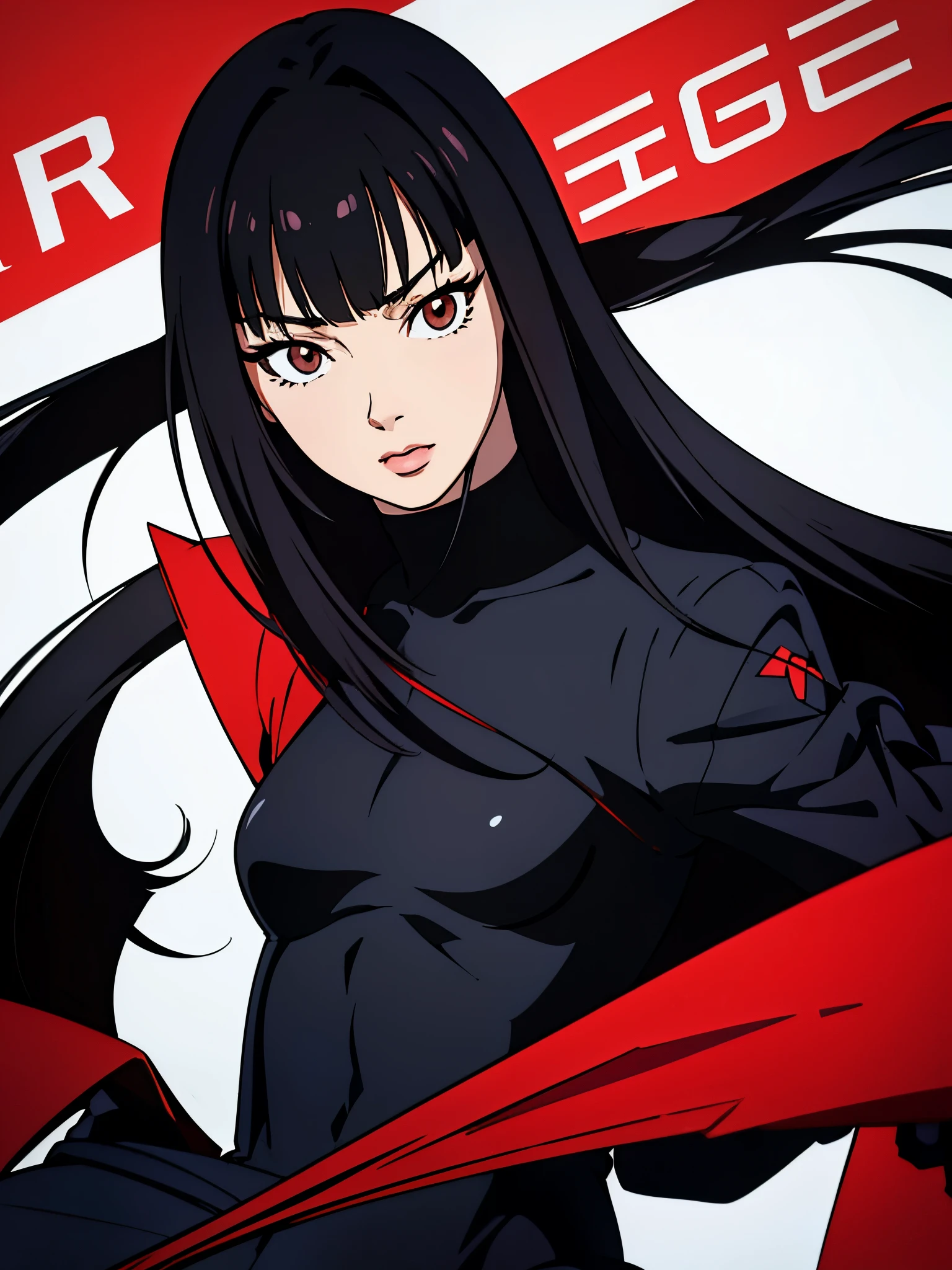 digital art drawing, illustration of (anime girl, long black hair with bangs, brown eyes, confident look, black and red latex suit, tactical wear), anime drawing/art, bold linework, illustration, digital art, masterpiece, flat illustration, no shadows, 8k resolution, high detail, vector art, only anime, perfect eyes, perfect hands, perfect fingers, sharpness, high clarity, medium close up, high fidelity
