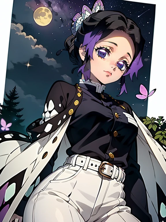 obra maestra, mejor calidad, casa japonesa, samurai house, imagen muy clara, high resolution, 1 chica, smile, sonriente, cara muy hermosa, Erotica, Kocho Shinobi, Piezas maestras, mejor calidad, supremo, 1 chical, In the Bamboo Forest，Hay una enorme luna brillante al fondo., Kochou Shinobu, clip de mariposa grande en el pelo, butterfly hair jewelry, violet eyes, cabello multicolor, cabello corto, Carril separado, haori, alas de mariposa haori, White Japanese cloak, longer sleeves, Black pant suit, chaqueta negra, belt, Character looking at camera.，Decora tu cabello con una pajarita, violet eyes, cabello multicolor, cabello corto, flequillo partido, pantalones negros, chaqueta negra, mangas largas, belt, tiro de vaquero, en el bosque, Mirando el cielo estrellado, cierra tu boca, Noche con innumerables estrellas, The ideal body of the Milky Way, La chica perfecta, detalles perfectos, Ultra High Definition |, 8K, foto profesional, Demon Slayer en estilo anime,