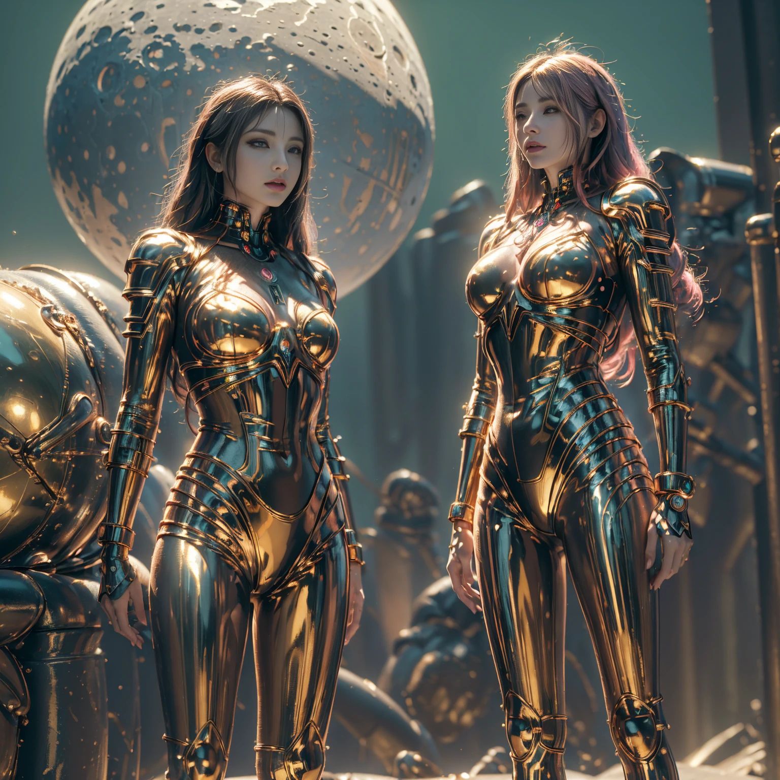 ((Top quality, masterpiece, Ultra-high resolution, 3D)), Global illumination, deep shadows, ultra sharp, standing in front of metallic wick full of spikes, intricate details, glowing choruses, metallic shine, PINK FULL MOON, jupiter, Saturn.