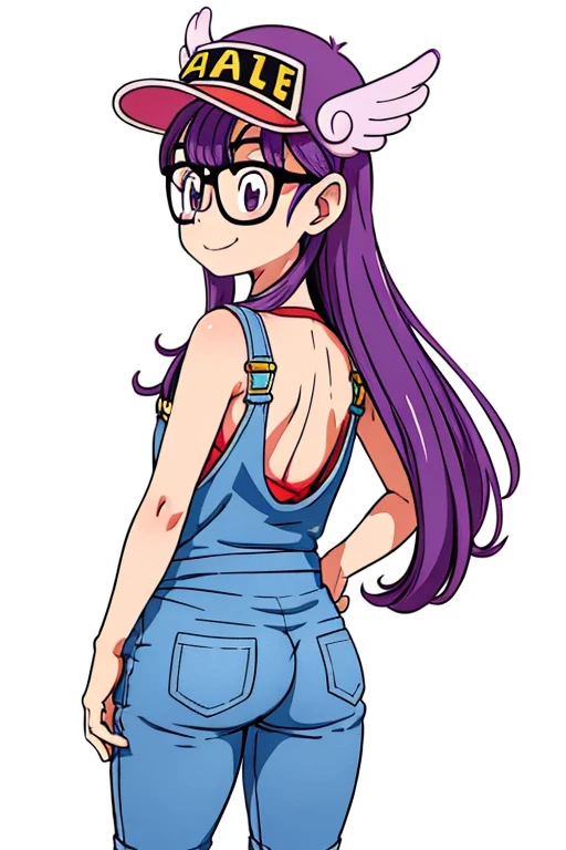 Norimaki Arale, Purple Hair, Round Lens, Sexy Body, low length，small_body, little_child, Very flat chest，Small Ass，Thin thighs，Full body image, Perfect Face, Big eyes, Perfect Eyes, Have, Tight clothing, Denim overalls，Perfect hands, Better lighting，Wing Hat, Wing Cover, With a smile, solo, spread ass, ass focus, back view, ass zoom in,