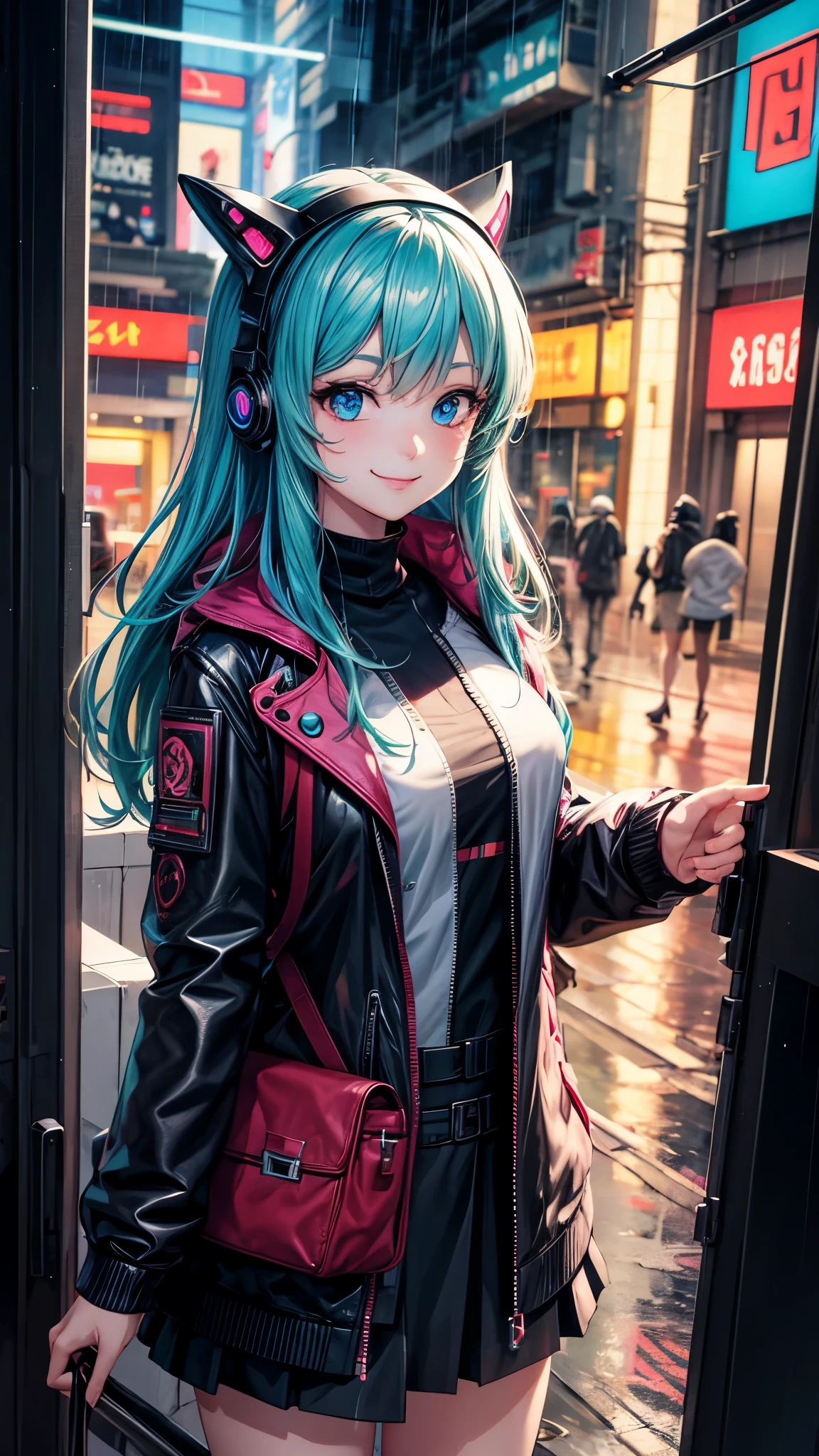 Anime girl with cute smile cyberpunk , 8K UHD, High Quality, Rainy