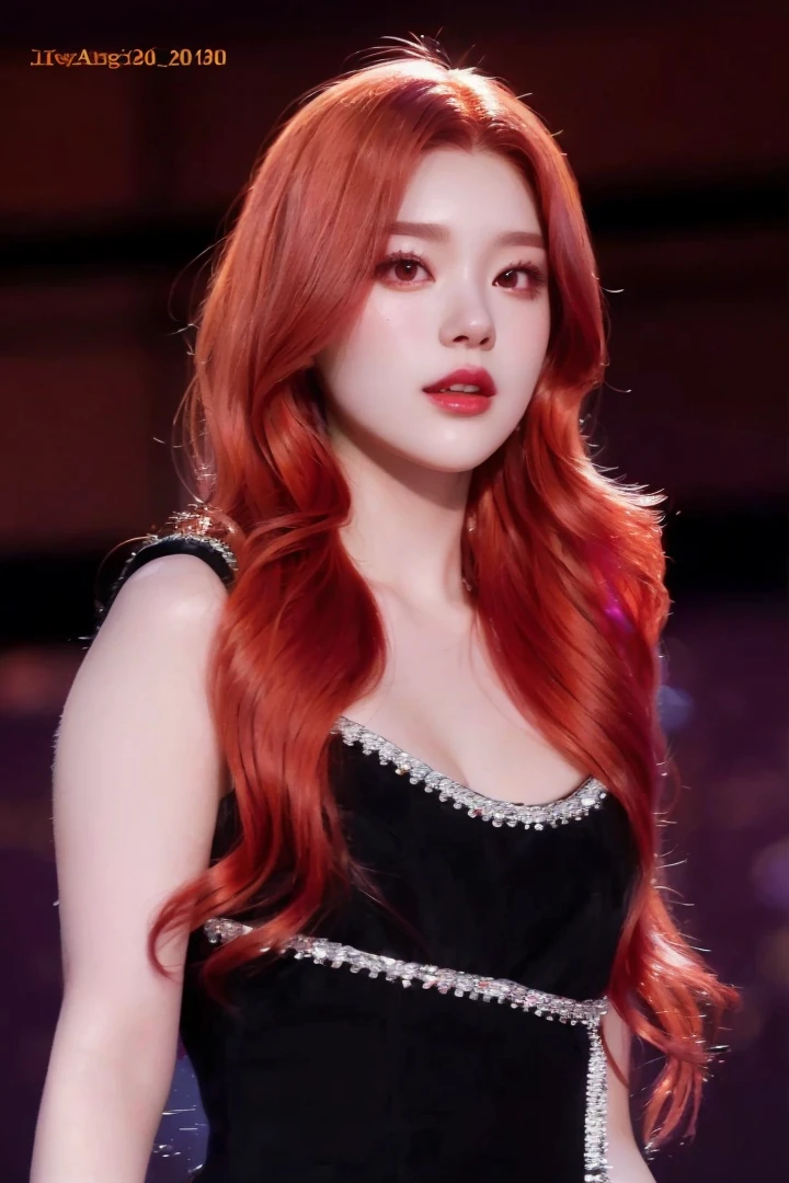 a close up of a woman with burgundy hair and a black dress, she has long Burgundy hair, yeji of itzy, red velvet, burgundy hair, burgundy glowing hair, she has long burgundy brown hair, long burgundy hair, red glowing hair, she has burgundy hair, korean idol, yeji, with burgundy hair