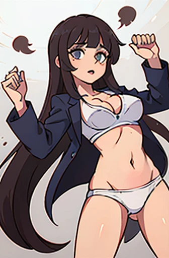 Garota com cabelos pretos, dentro de uma escola, standing, one hand on each breast lifting them up, looking at the camera, wearing a bra that covers your breasts, segurando na parte debaixo dos peitos, dentro de uma escola, corada, usando apenas uma calcinha branca, dando para ver suas pernas, without pants, your pussy is showing in your panties