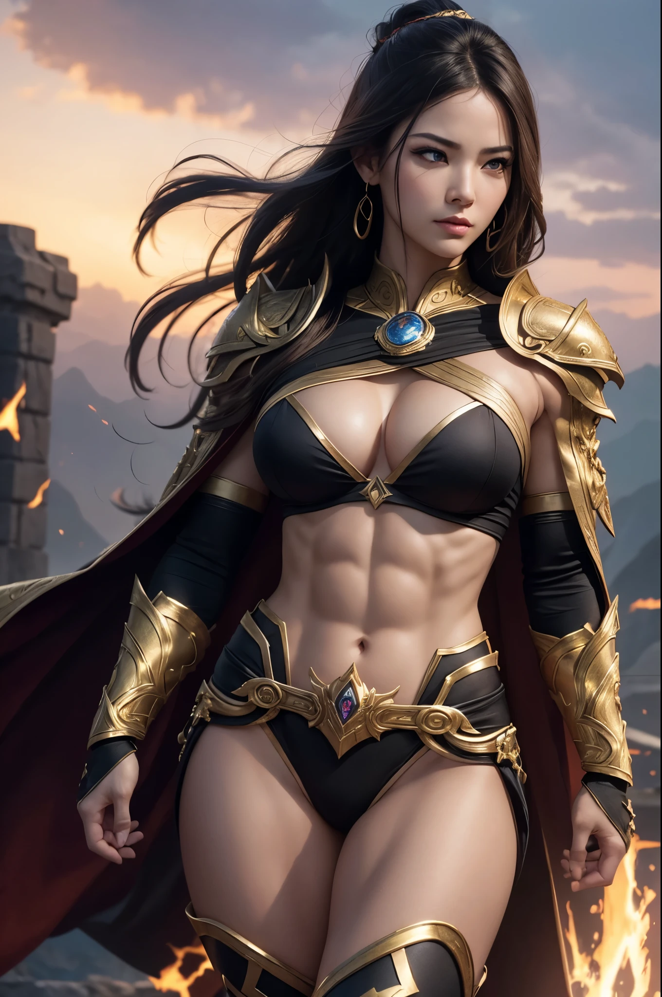 8K,Muscular々Goddess of Destruction,Super Beauty(Like the real thing),bulging muscles,Golden Eyes,Golden shorthair,Gorgeous goddess outfit,Gorgeous Goddess Shorts,Stern expression,Outside the Celestial Palace,Perfect Anatomy,charm,Volume measurement,Body balance,Digital single-lens reflex camera, Soft lighting, Detailed Background, Written boundary depth, Volumetric lighting, Sharp focus, Absurd, Realistic proportions, Excellent anatomy, (Realistic, 超Realistic:1.4), 16K HDR, dawn,A High Resolution,super Realistic 肌,Super beautiful expression,Fantasy art,Character Art,Wind effects:1.9、Cloud Effect:1.2、Full Rendering、Professional quality high resolution、Perfect contrast、Perfect lighting、Perfect composition、Perfect Skin、Perfect Fingers、Perfect breasts、Perfect Hair、Perfect Face、Realistic facial features,super highest quality,Slim figure,Perfect body line,Perfect hand shape,Anatomical body balance,Highly detailed face,Highly detailed eyes,Beautiful Lips,Excellent light particles,Cinema Lighting,Makeup,Ultra-high resolution,Ultra-Realistic Skin,God of Destruction Gauntlet,God of Destruction Leggings,Muscle Body,Hard and strong abs,Golden shorthair,Battle Mode,Ready to fight,Hard Fist,anger,rage,Cloak of the Goddess of Destruction,