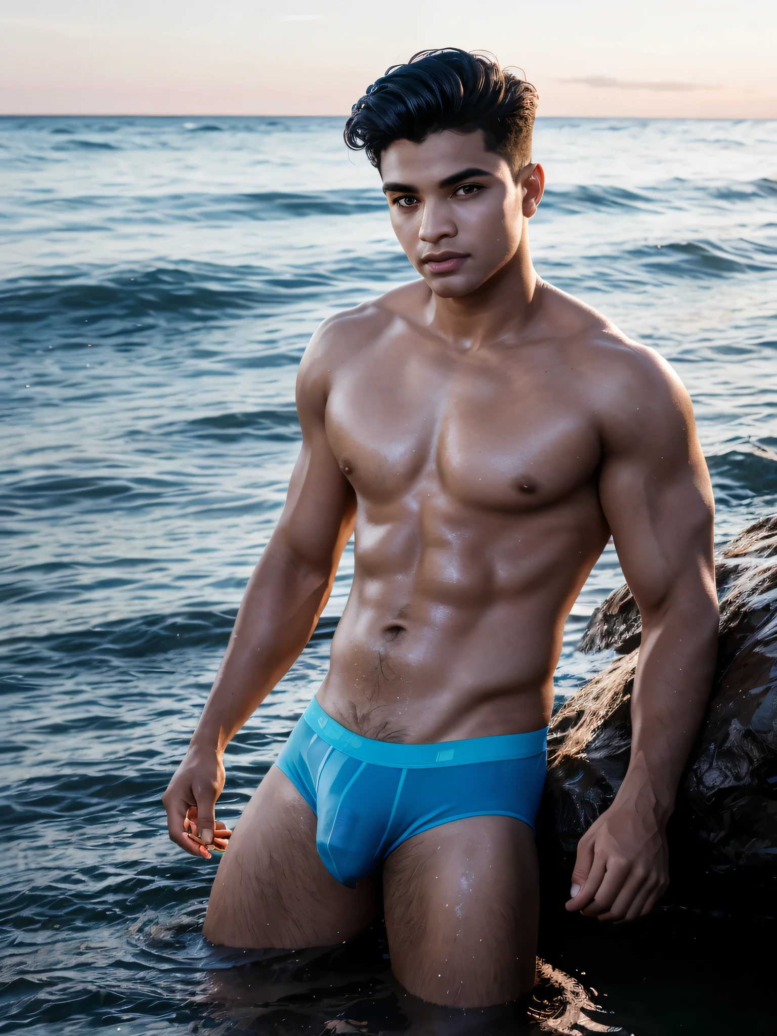 (1boy, photorealistic:1.4, ultra realistic, masterpiece:1.2, best quality, 4k, 8k) beautiful full body photograph of a 21-year-old Indian male laying on the shore amongst the crashing waves wearing only a sheer blue swim brief, slim athletic body build, playful expression, intimate moments, delicate skin, detailed face, ultra realistic skin, youthful innocence, shot on Nikon d850 50mm, dlsr, RAW, photo studio lighting, 3 point lighting, flash with soft box, (blue colored theme throughout image)