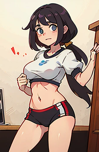 Garota com cabelos pretos longos, dentro de uma escola, standing, one hand on each breast lifting them up, looking at the camera, wearing a bra that covers your breasts, segurando na parte debaixo dos peitos, dentro de uma escola, corada, usando apenas uma calcinha branca, dando para ver suas pernas, without pants, your pussy is showing in your panties