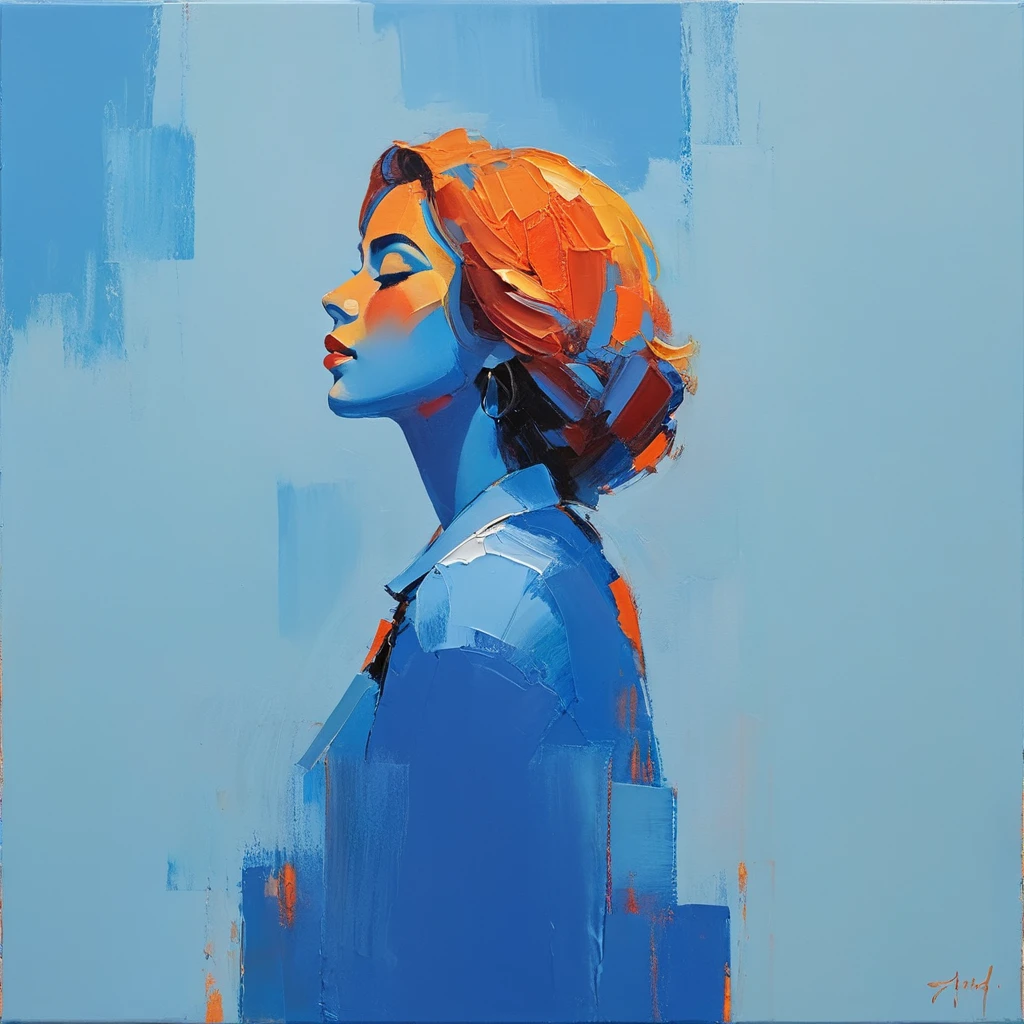 Create a serene profile portrait with the subject facing left. Use a vibrant color palette of blues, reds, and oranges. The background should be minimalistic in cool blue tones. Employ bold, visible brush strokes and the impasto technique for texture. Blend realism with abstraction, emphasizing strong contrasts and dynamic color blocking. Aim for a modern, contemplative feel. Apply the paint to the canvas with a firm, decisive motion, allowing it to sit thickly on the surface. Vary the direction and length of your strokes to create an interesting, varied texture.
