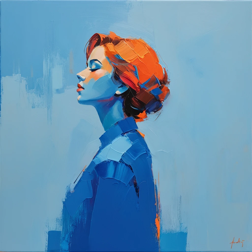 Create a serene profile portrait with the subject facing left. Use a vibrant color palette of blues, reds, and oranges. The background should be minimalistic in cool blue tones. Employ bold, visible brush strokes and the impasto technique for texture. Blend realism with abstraction, emphasizing strong contrasts and dynamic color blocking. Aim for a modern, contemplative feel. Apply the paint to the canvas with a firm, decisive motion, allowing it to sit thickly on the surface. Vary the direction and length of your strokes to create an interesting, varied texture.