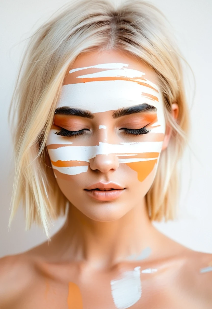 ((Abstract)) minimal rotho style art of a stunning girl blonde short with a painted strip of paint covering your eyes, subtle colors, centralized face, minimalist, faint,  