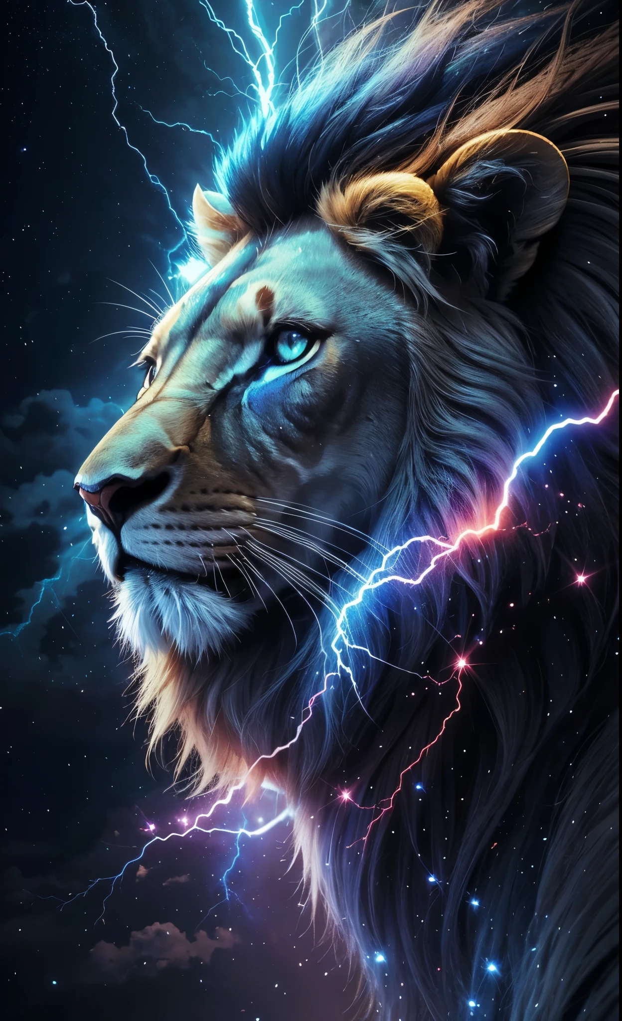 Lion, Divine Lion, naturais, Parafusos Azuis, Thunder Azul, fogo azul, Realistic fogo azul, realistic thunder, Electrical Screws, realista detalhado 8k, Detailed Realistic 16k, Detailed realistic lion, Detailed realistic thunder, fogo azul Realistic 8K, Cores fotorrealista 8K, Cores Detalhadas 8K, Nitidez fotorrealista 8K, Fotorrealismo ULTRAHD, Divine fogo azul, Divine Electric Blue Thunder, Sombras fotorrealistas 8K, Textura fotorrealista, Natureza, heavens, celestial, sky night, beauty sky, Noite, majestoso, majestoso Lion, majestoso Sky, Naturalmente Elegante, Thunders, Sky Thunders, Divine Thunder, Linda, dourado, luz das estrelas, Parafusos Celestiais, Eletricidade Azul, Parafusos Azuis, Rendering, fotorrealista, UltraHigh definition, 4k, texturasdetalhadas, Thunder, sombras detalhadas, cores detalhadas, Natureza Linda, Grande Divino, contraste detalhado, Contraste realista, high resolution, cores detalhadas, fogo, eletricidade, divina criatura, 8K, Realista detalhado, 16k, 8K, High definition, contraste detalhado, Contraste realista, high resolution, cores detalhadas, fogo, eletricidade, divina criatura, 8K, Realista detalhado, elegante,
