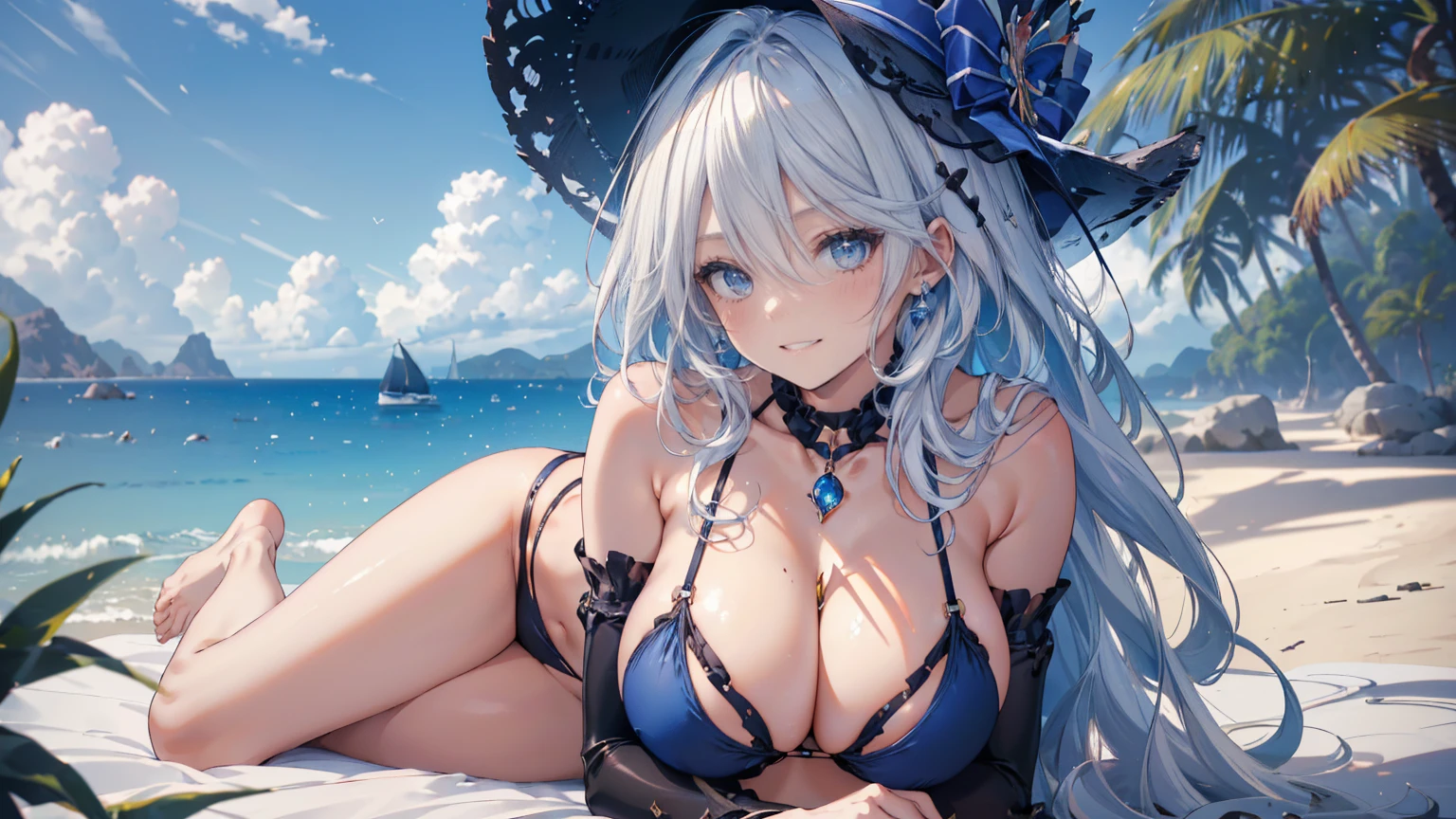 ((masterpiece, high resolution, better quality, better details)), (anime), a woman lying on a bed on the beach, ((toothy smile)), ((royal blue micro bikini with black details)), ((thong bikini)), cleavage, black neck choker, large straw hat, white hair with blue highlights, shiny skin, ((slender body)), front view, beach landscape, wide hips, slim waist, big breasts,