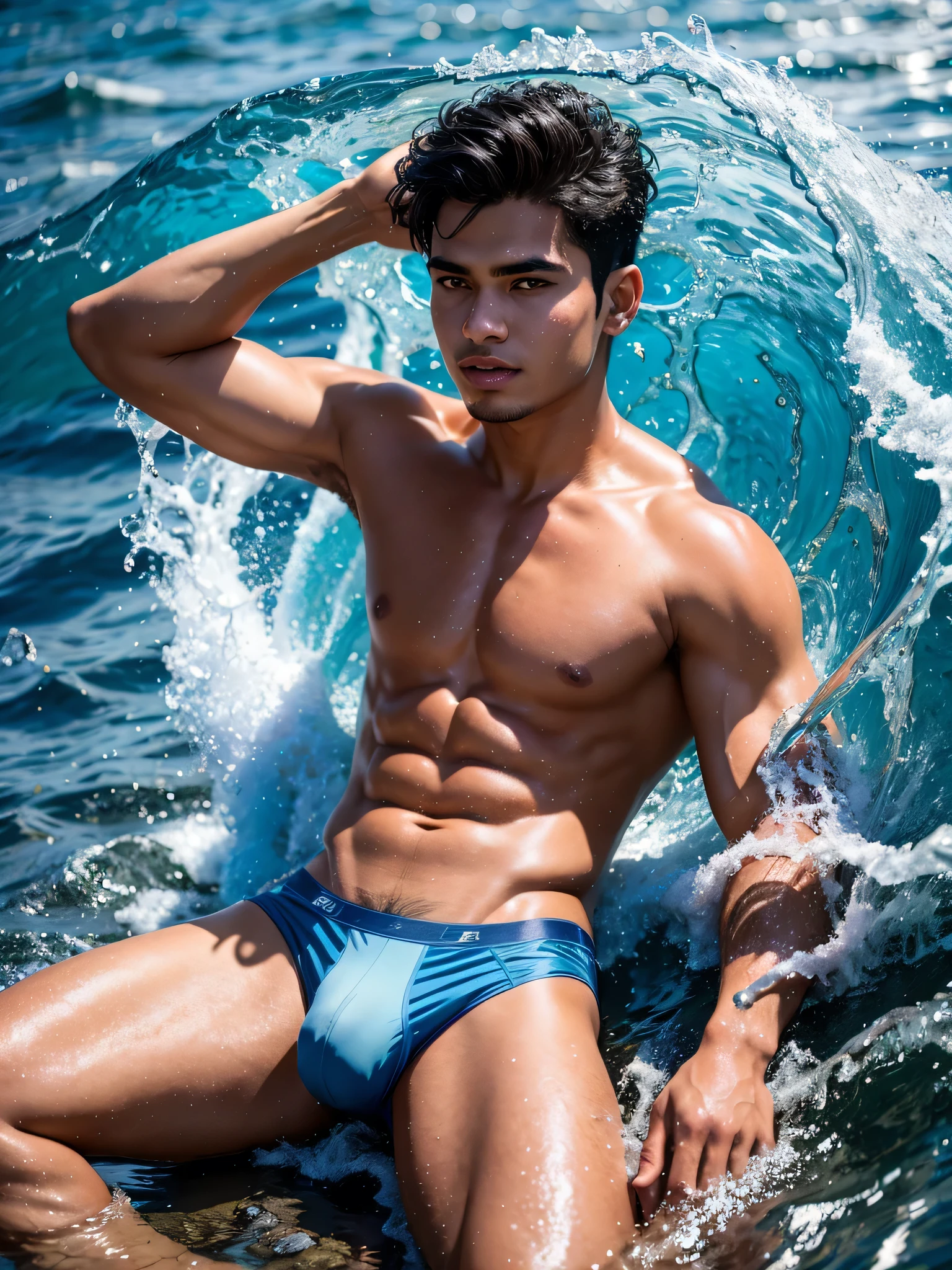 (1boy, photorealistic:1.4, ultra realistic, masterpiece:1.2, best quality, 4k, 8k) beautiful full body photograph of a 21-year-old Indian male laying on the shore amongst the crashing waves wearing only a sheer blue swim brief, slim athletic body build, playful expression, intimate moments, delicate skin, detailed face, ultra realistic skin, youthful innocence, shot on Nikon d850 50mm, dlsr, RAW, photo studio lighting, 3 point lighting, flash with soft box, (blue colored theme throughout image)