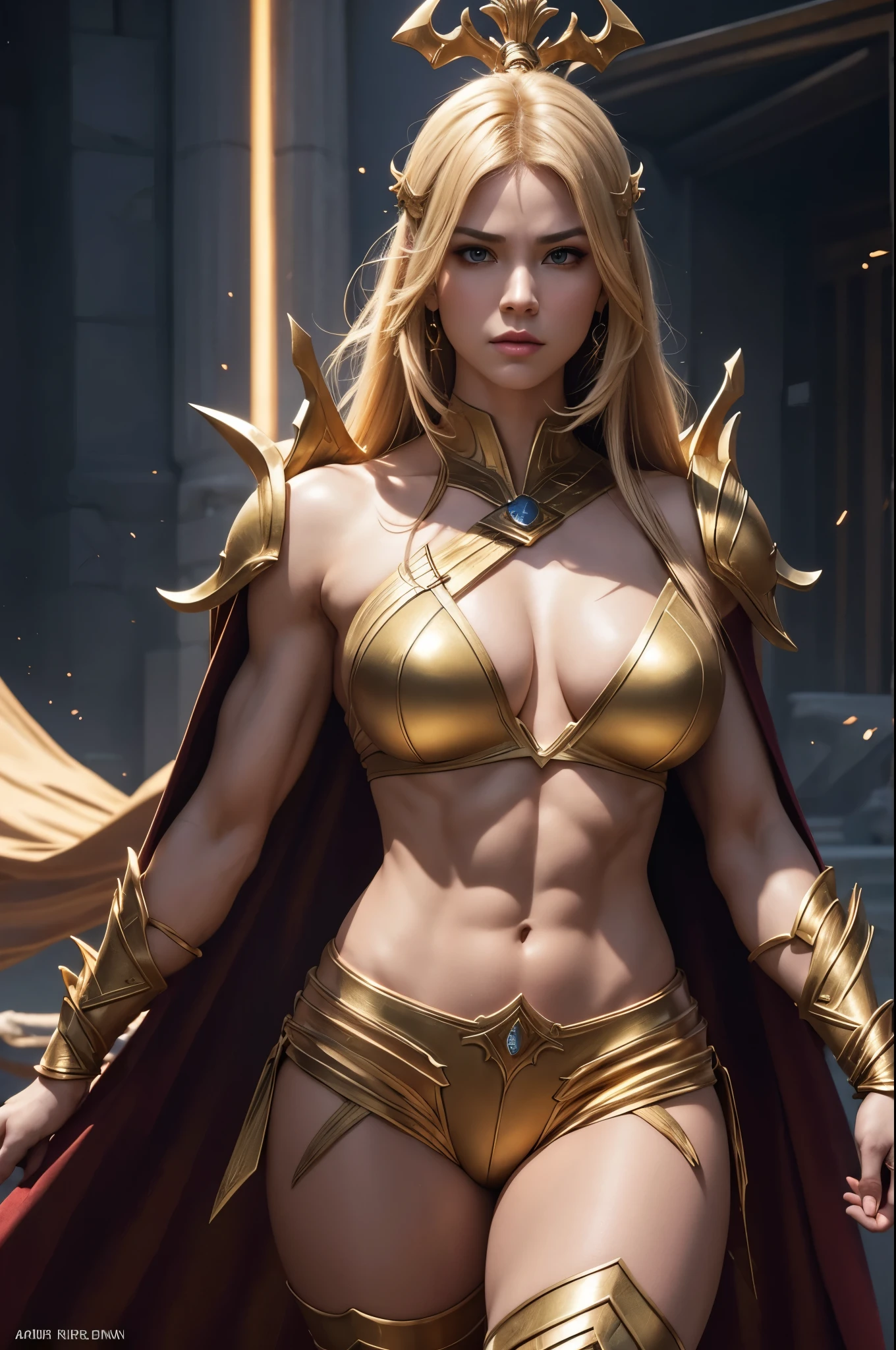 8K,Muscular々Goddess of Destruction,Super Beauty(Like the real thing),bulging muscles,Golden Eyes,Golden shorthair,Gorgeous goddess outfit,Gorgeous Goddess Shorts,Stern expression,Outside the Celestial Palace,Perfect Anatomy,charm,Volume measurement,Body balance,Digital single-lens reflex camera, Soft lighting, Detailed Background, Written boundary depth, Volumetric lighting, Sharp focus, Absurd, Realistic proportions, Excellent anatomy, (Realistic, 超Realistic:1.4), 16K HDR, dawn,A High Resolution,super Realistic 肌,Super beautiful expression,Fantasy art,Character Art,Wind effects:1.9、Cloud Effect:1.2、Full Rendering、Professional quality high resolution、Perfect contrast、Perfect lighting、Perfect composition、Perfect Skin、Perfect Fingers、Perfect breasts、Perfect Hair、Perfect Face、Realistic facial features,super highest quality,Slim figure,Perfect body line,Perfect hand shape,Anatomical body balance,Highly detailed face,Highly detailed eyes,Beautiful Lips,Excellent light particles,Cinema Lighting,Makeup,Ultra-high resolution,Ultra-Realistic Skin,God of Destruction Gauntlet,God of Destruction Leggings,Muscle Body,Hard and strong abs,Golden shorthair,Battle Mode,Ready to fight,Hard Fist,anger,rage,Cloak of the Goddess of Destruction,