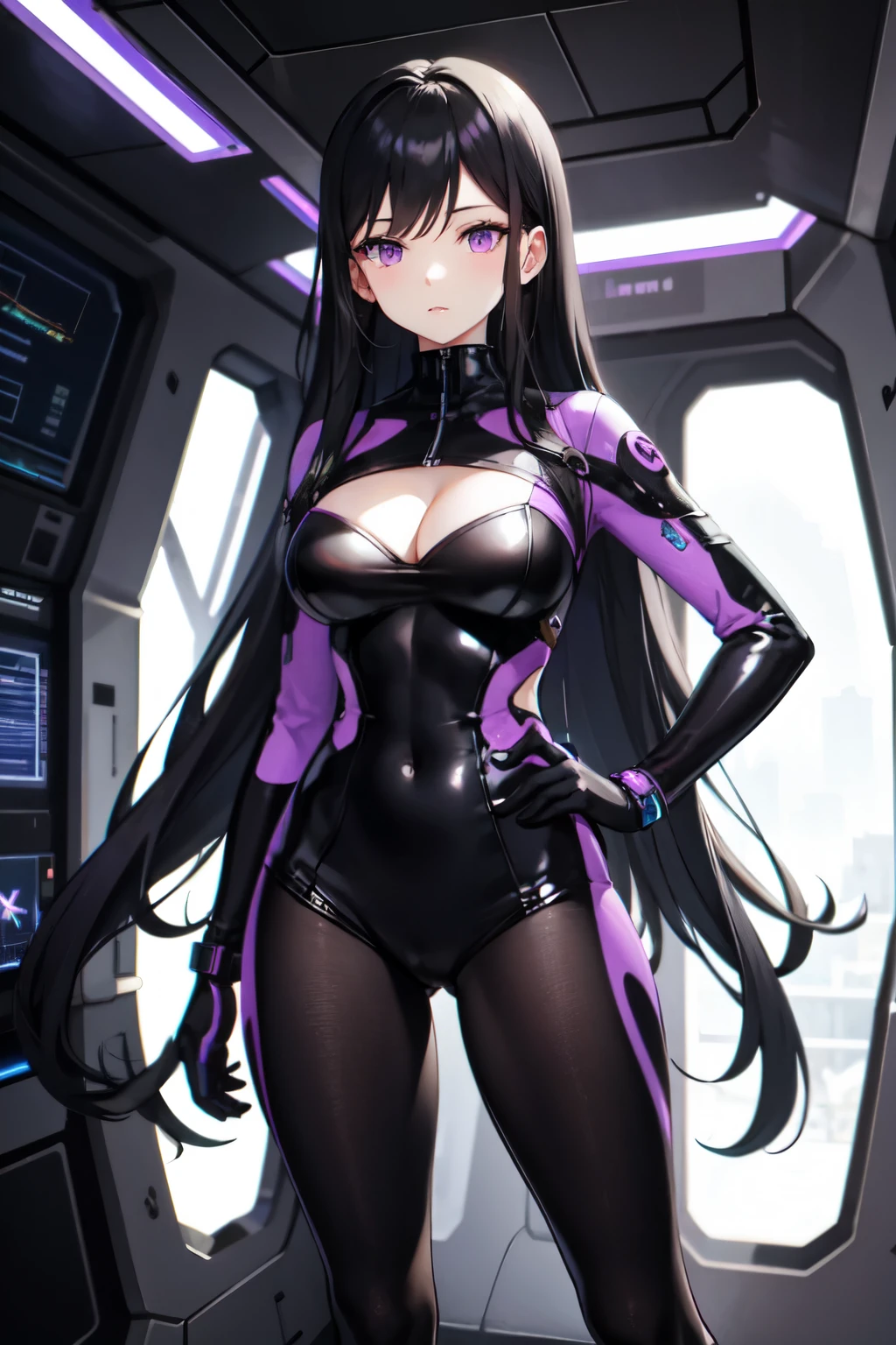 beautiful woman, long black hair, purple eyes, futuristic casual outfit, black tights, purple details, large bust, inside a spaceship, high quality