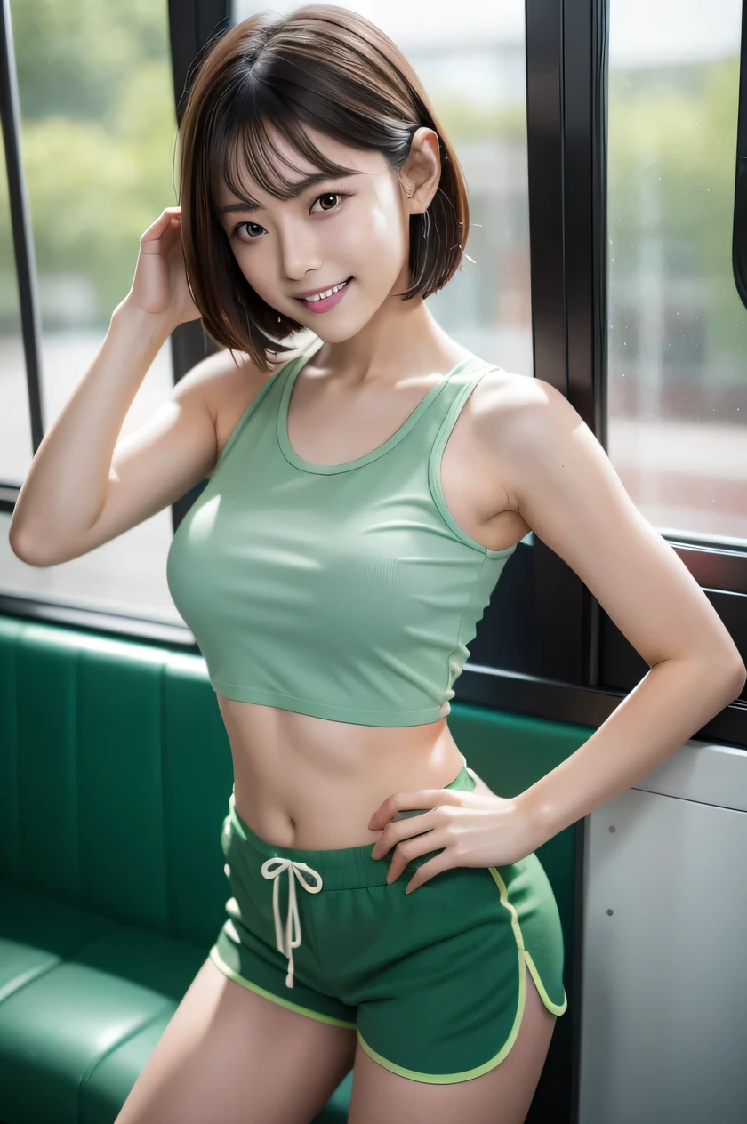 The beauty of 8K raw photos:2.0, Japanese woman, short hair, beautiful face and dark eyes, looking down, looking at the viewer:1.5, big smile, wet hair, tiny top, put hands on the hip, (tank top, green shorts:1.2), shinny skin, realistic:1.9, very detailed, full body shot:1.2, High resolution RAW color photos, professional photos, Taken at in the bus, girl sexy portrait